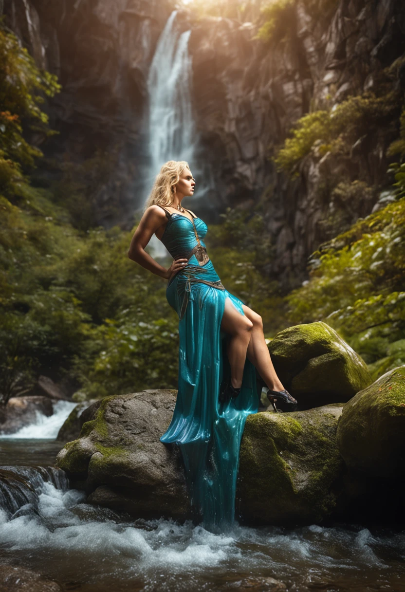 Mujer hermosa rubia, hasta las caderas en una cascada, Realistic representation of fantasy in a waterfall, Pintura mate retrato foto, realistic fantasy photography, minifalda de piel, Medias negras con ligas, chaqueta de latex, Black stiletto heels, Imagen desde arriba brest exposed big boobs