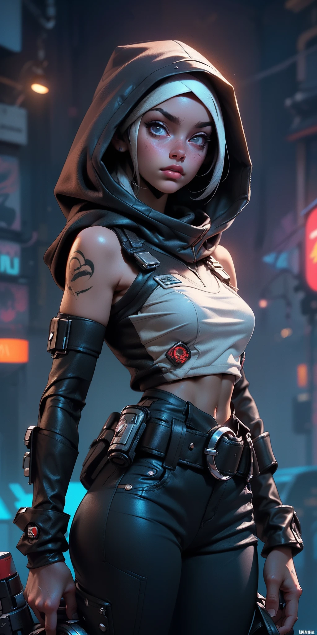 REALISTIC ANIME STYLE, JAPANESE ANIME, REAL ANIME, RAGE UNLEASHED, CRAZY SMILE, HAPPY, INSANE, afro asian cute woman cyborg soldier HEAVY CYBERNETIC ARMOR, NEON PINK SNIPER RIFFLE, SNIPER RIFLE glowing PINK eyes, BIG COOL CYBERNETIC HOODIE JACKET WITH cyber armor, cybernetic, cyberpunk SNIPER, on planet venus, wasteland, apocalypse, barren venus planet, cinematic, volume lighting,