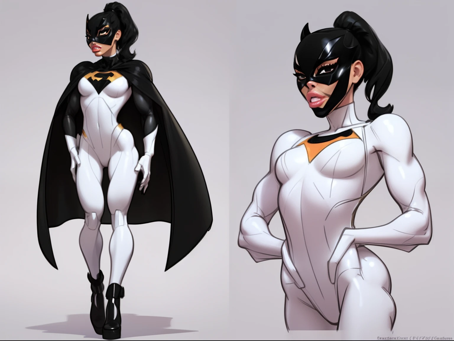 ((masterpiece)),(((best quality))),((character design sheet)), ((full body view)) illustration,1girl, muscular, ((white bodysuit:1.5)), (masked face:1.6) (black mask:1.6) superhero, (black ponytail:1.4), (puffy lips:1.6) (black cape:1.4) beautiful woman, (small breasts:1.3)(black legs:1.3)shiny skin, (gold emblem on chest:1.2),scribbles and marks, rough sketches, pose, 8k,16k, (simple background, white background: 1.3)