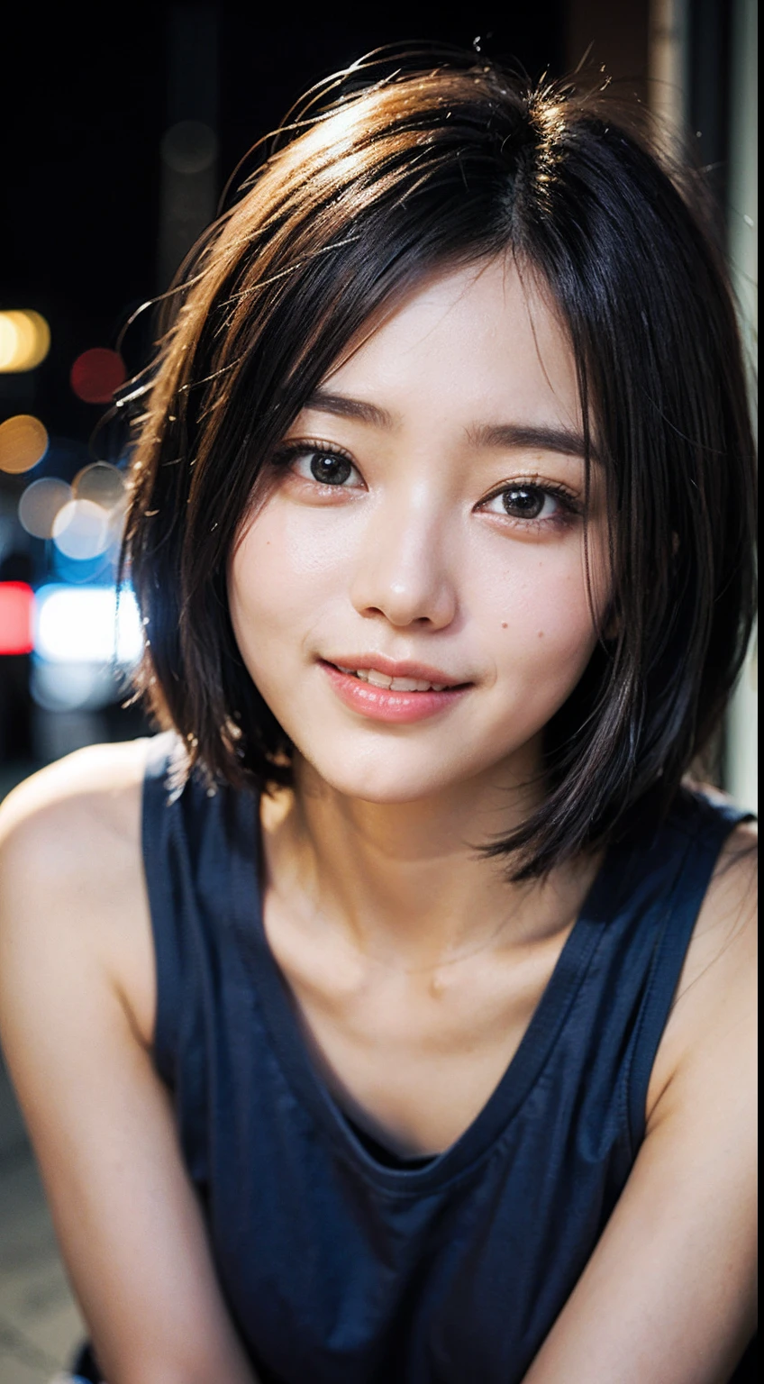 ​masterpiece、one beautiful women、A detailed face、A detailed eye、Detailed skin、top-quality、japanes、Illuminated from the front with bright lighting、profetional lighting、Always face straight ahead、The background is a little blurry、24 year old、In the background, there are many PC monitors lined up and the wiring is bare.、Streets lined with cyberpunk buildings、Wearing a rock and punk t-shirt、a smile、short-cut、