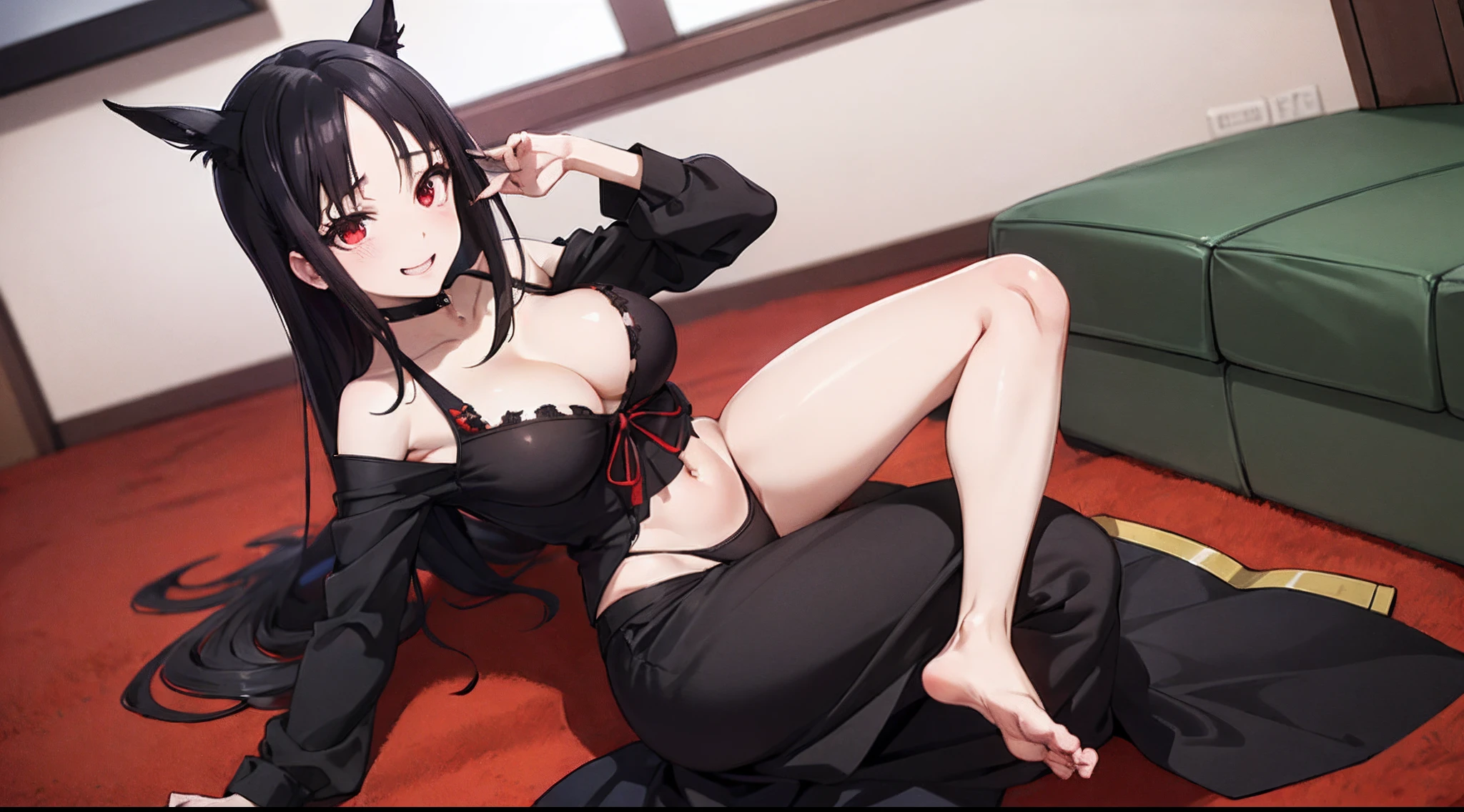 ((mastepiece)), ((Best Quality)), (Ultra-detailed), ((Extremely detailed)), 4K, (8K), Best Quality, Shinomiya Kaguya, smile, black hair, red eyes, rabo de cavalo dobrado, fita de cabelo, roupas elegantes, Red ribbon, medium breasts, ((parte superior do corpo)), Anime style, Full body, 1girl , Beautiful black hair, black eyes
