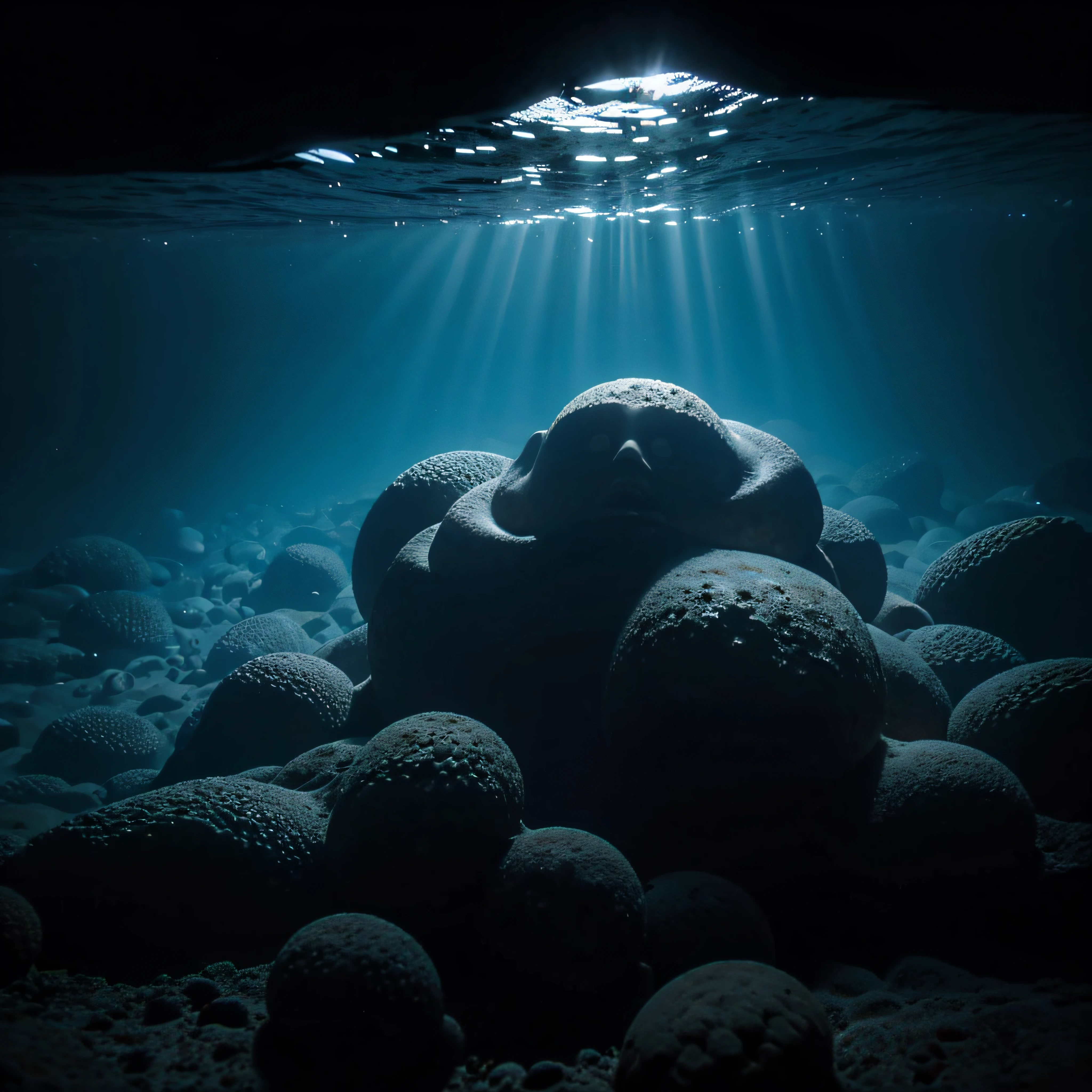 (extremadamente detallado, obra maestra, La mejor calidad, Under the Ocean), Estilo oscuro, volumetric illumination. textura de babosa, piel de caracol. manchas de tinta. Rococo composition. Luz de caravaggio