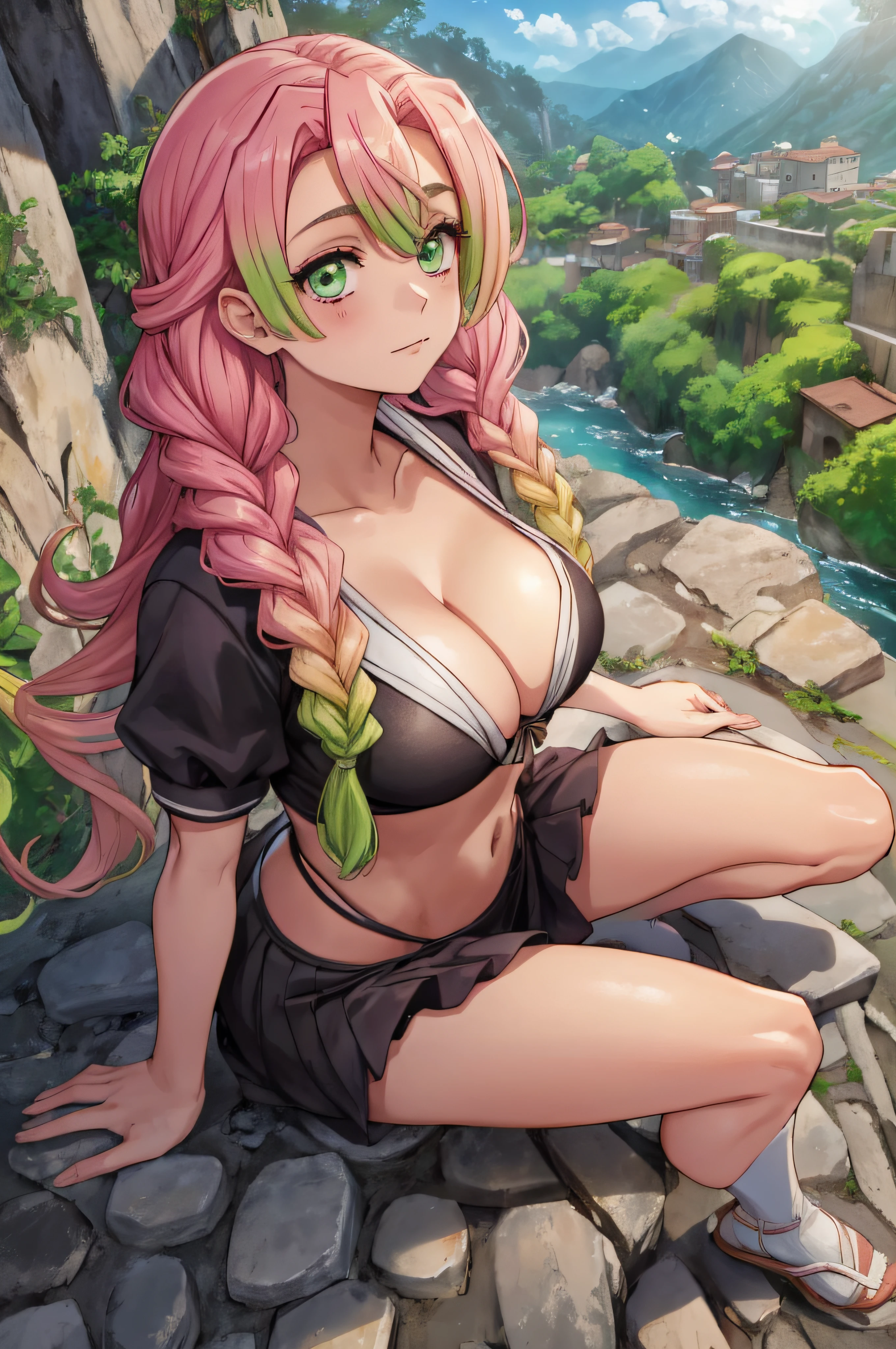majo, (melhor qualidade, obra-prima, super detalhado: 1.5), perfect  lighting, brilhante, Alugar, Natureza, Cobblestones, vapor, blue skies, Ao longe, corpo inteiro, foco no rosto, 1girl, Mitsuri (Demon Slayer), menina bonita, Sympathetic face ((Mitsuri (Demon Slayer))), a girl with long pink-green gradient hair and green eyes. pink bikini, tomando banho