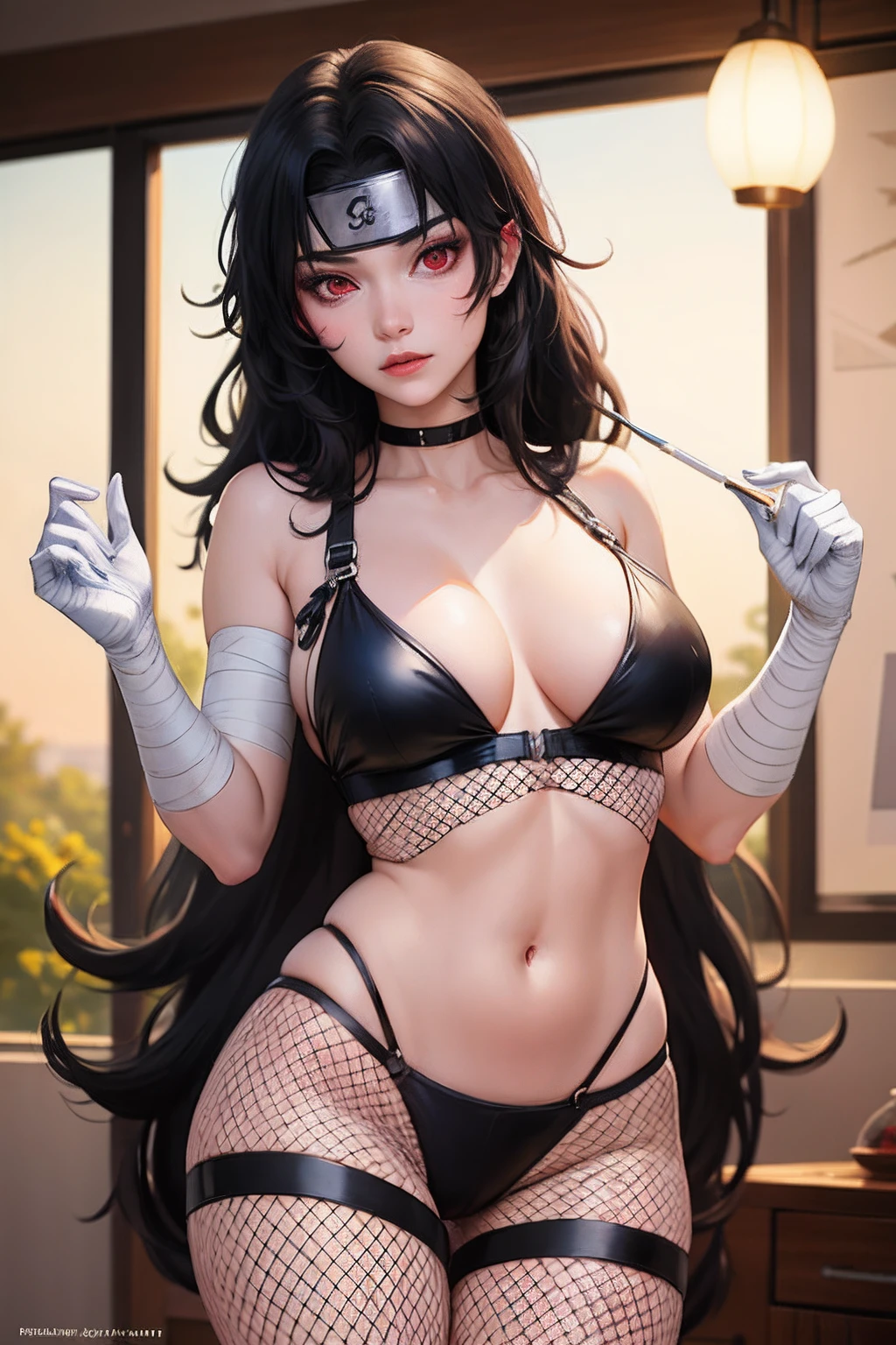 nar_kurenai_yuhi, forehead protector, bandages, red eyes, make up, fish nets, 16k, sexy girl