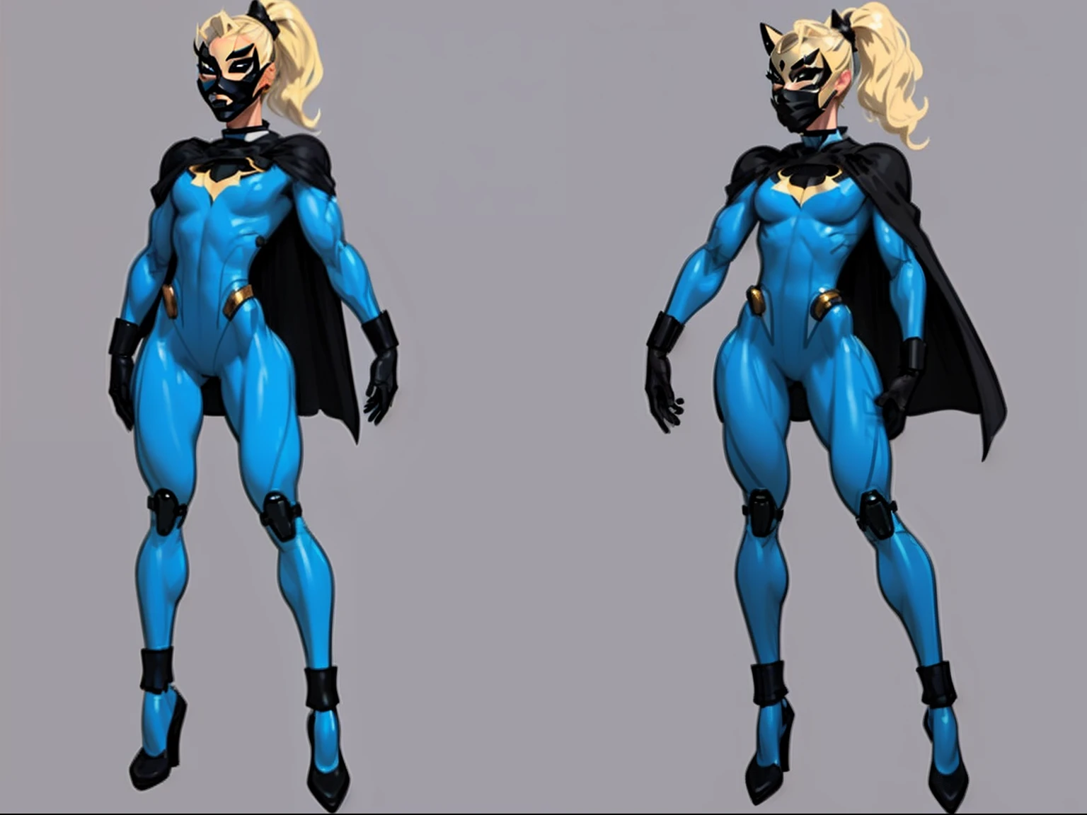 ((masterpiece)),(((best quality))),((character design sheet)), ((full body view)) illustration,1girl, muscular, ((blue bodysuit:1.5)), (masked face:1.6) (black mask:1.6) superhero, (black ponytail:1.4), (puffy lips:1.6) (black cape:1.4) beautiful woman, (small breasts:1.3)(black legs:1.3)shiny skin, (gold emblem on chest:1.2),scribbles and marks, rough sketches, pose, 8k,16k, (simple background, white background: 1.3)