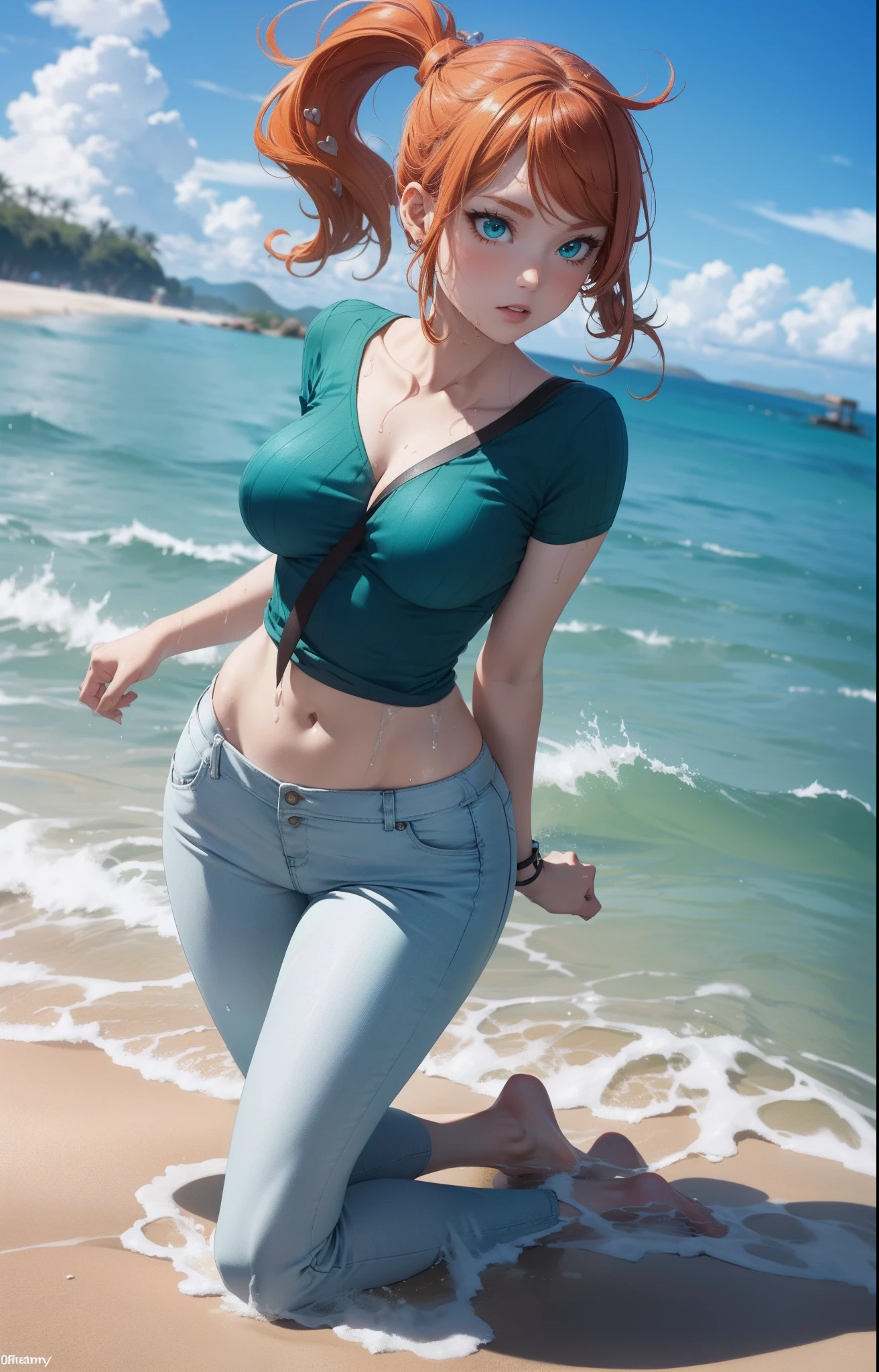 masterpiece, extremery magnificent view, perspective, extremery best quality, extremery detailed CG, 8k wallpaper, high resolution, highly detailed face, highly detailed eyes, perfect anatomy, super detailed skin,
(dynamic angle, dynamic pose:1.2), outdoors, sandy beach, soothing waves, (portrait, legs focus, full body), (beautiful face, beautiful eyes, beautiful legs:1.3), in the water, wet,
1 girl, solo, sonia, (aqua shirt, ribbed shirt), (pants:1.3), large breasts, orange hair, side ponytail, heart hair ornament, (barefoot), aqua eyes, skinny, slender, wide hips, thin waist