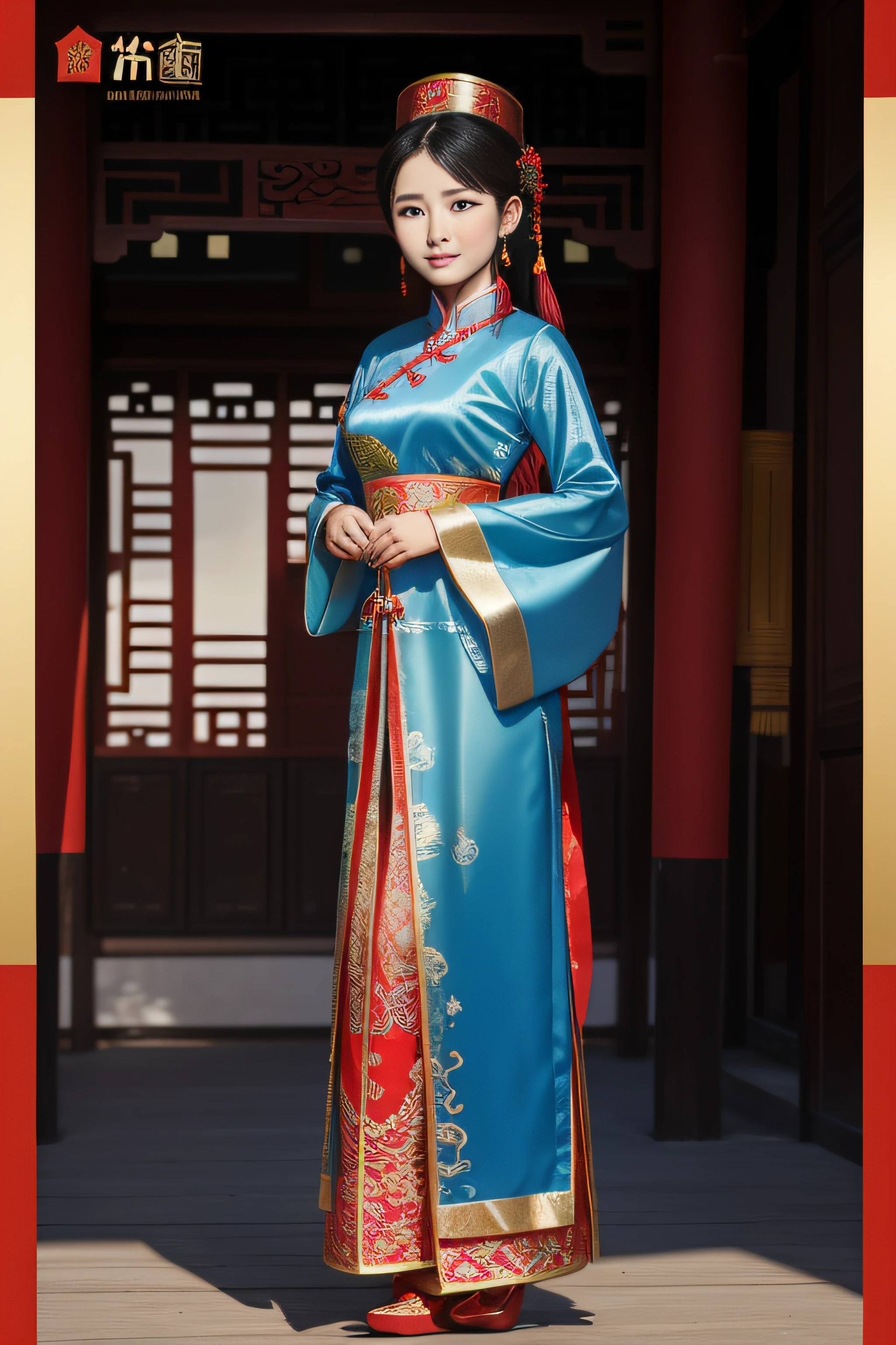 The Empress is standing naked, without underwear, showing her large breasts, hairy lower abdomen, and pubic hair.、
Her hair is tied up and pulled up with a gorgeous flower ornament on both sides.、The background of the crowning of the Qing Dynasty empress is the stone paving outside the palace of the Qing Dynasty China.