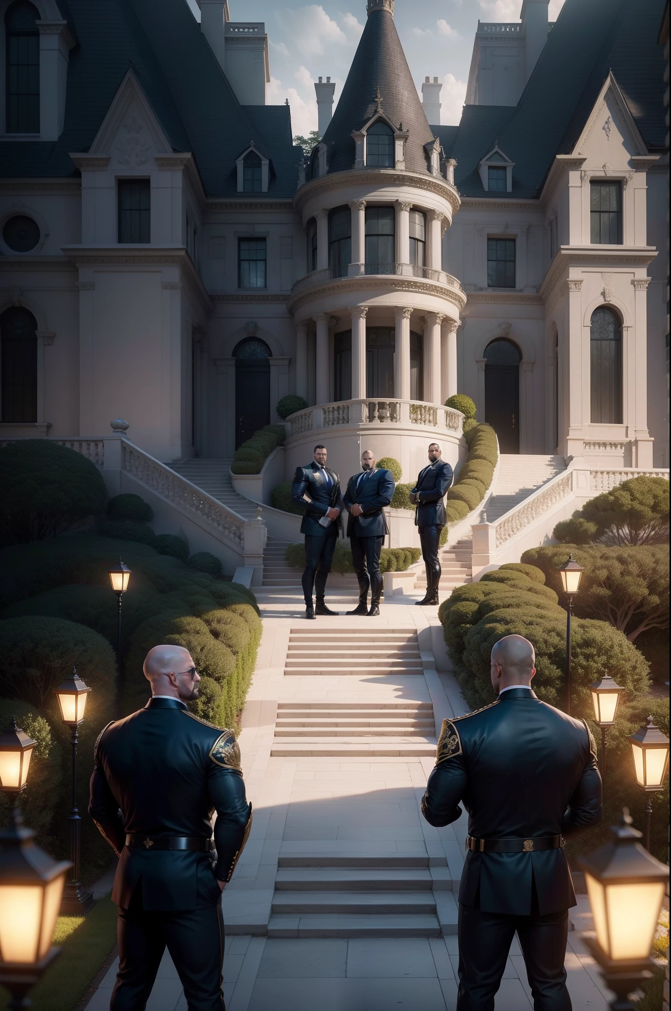 a bunch of bodyguards standing in front of a huge white and gold mansion, night, highly detailed, high resolution, 8k