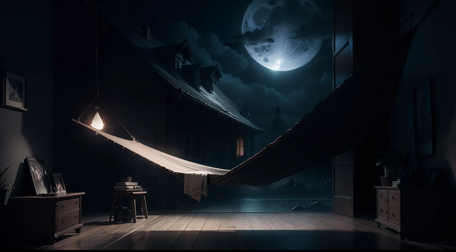 there is a hammock in a dark room with a bat flying and a window with a cloudy  moon in the background, photorealistic dark concept art, night render, rolands zilvinskis 3d render art, atmospheric render, realistic fantasy render, 3 d render beeple, relaxing concept art, calm night. digital illustration, (octane render) fantasy style, digital painting. octane render