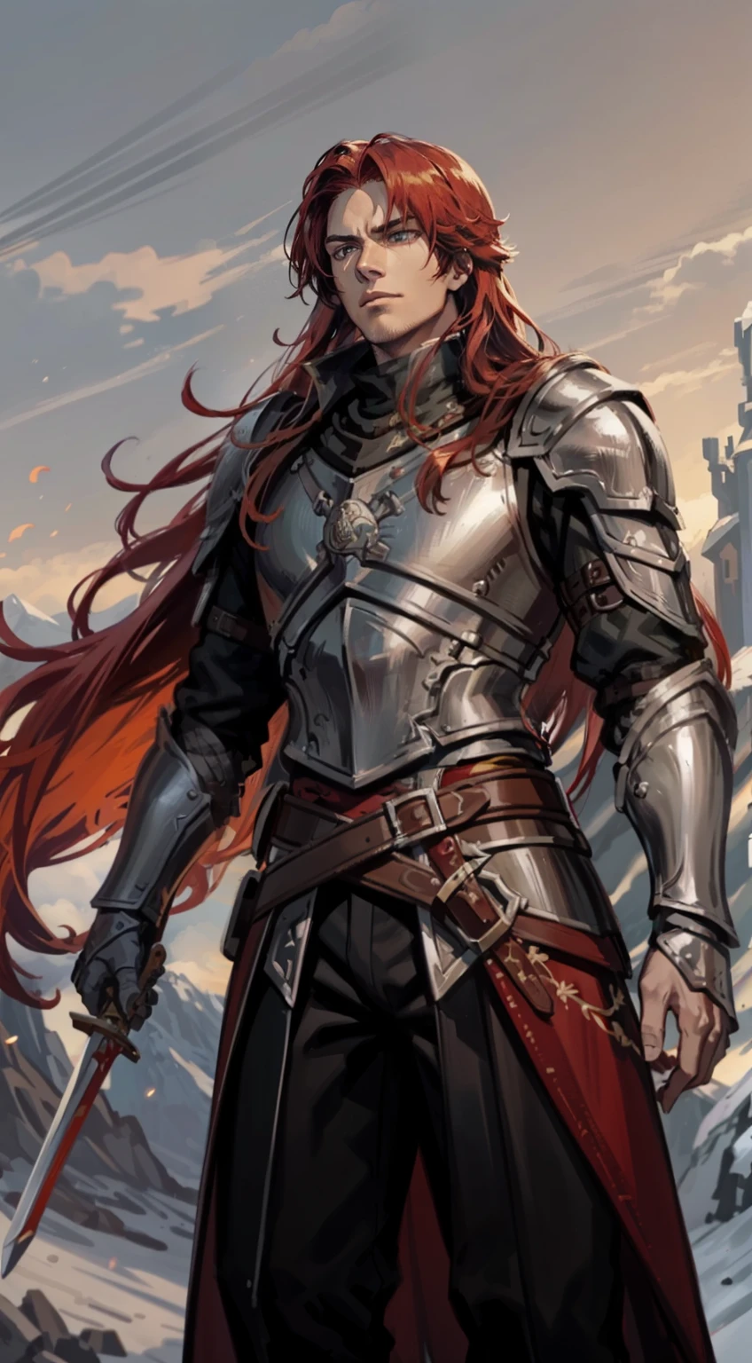 A 23-year-old man with long red hair and orange eyes, his armor is red and gold, has dragon scales and a band of white fabric on his chest, he carries a thick black sword (scenery high on a mountain); (masterpiece, best quality)