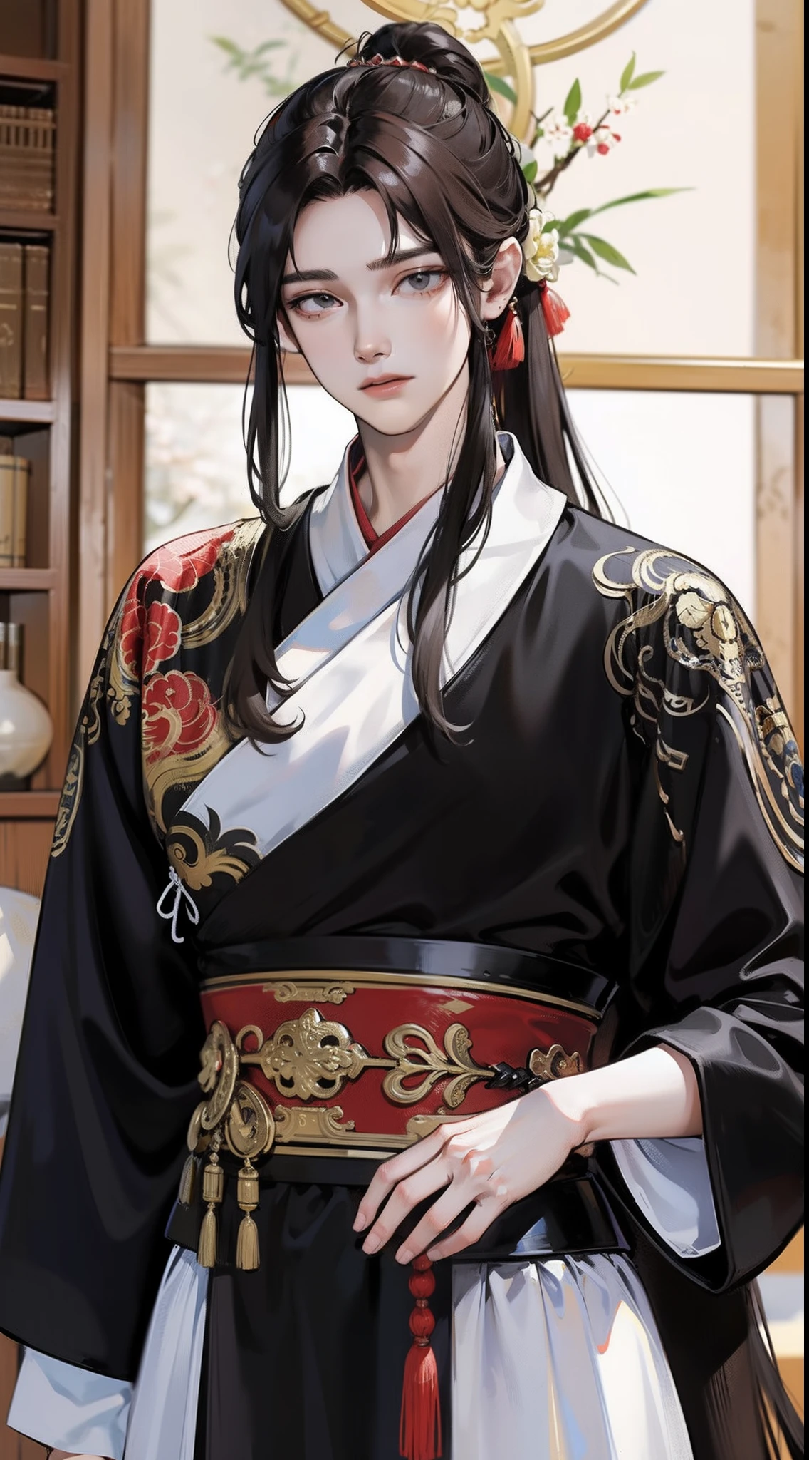 tmasterpiece,hyper HD,acurate,Need,The is very detailed,A man,China-style,Chinese Ancient Times,brunette color hair,black color hair,Black eyes,long whitr hair,with long bangs,High ponytail,Hair crown,Handsome,virile,gentleness,large tall,A tranquil,long white robe,exteriors,bamboo forrest,tree branch,Wind Comfort, Young men,The expression is steady,