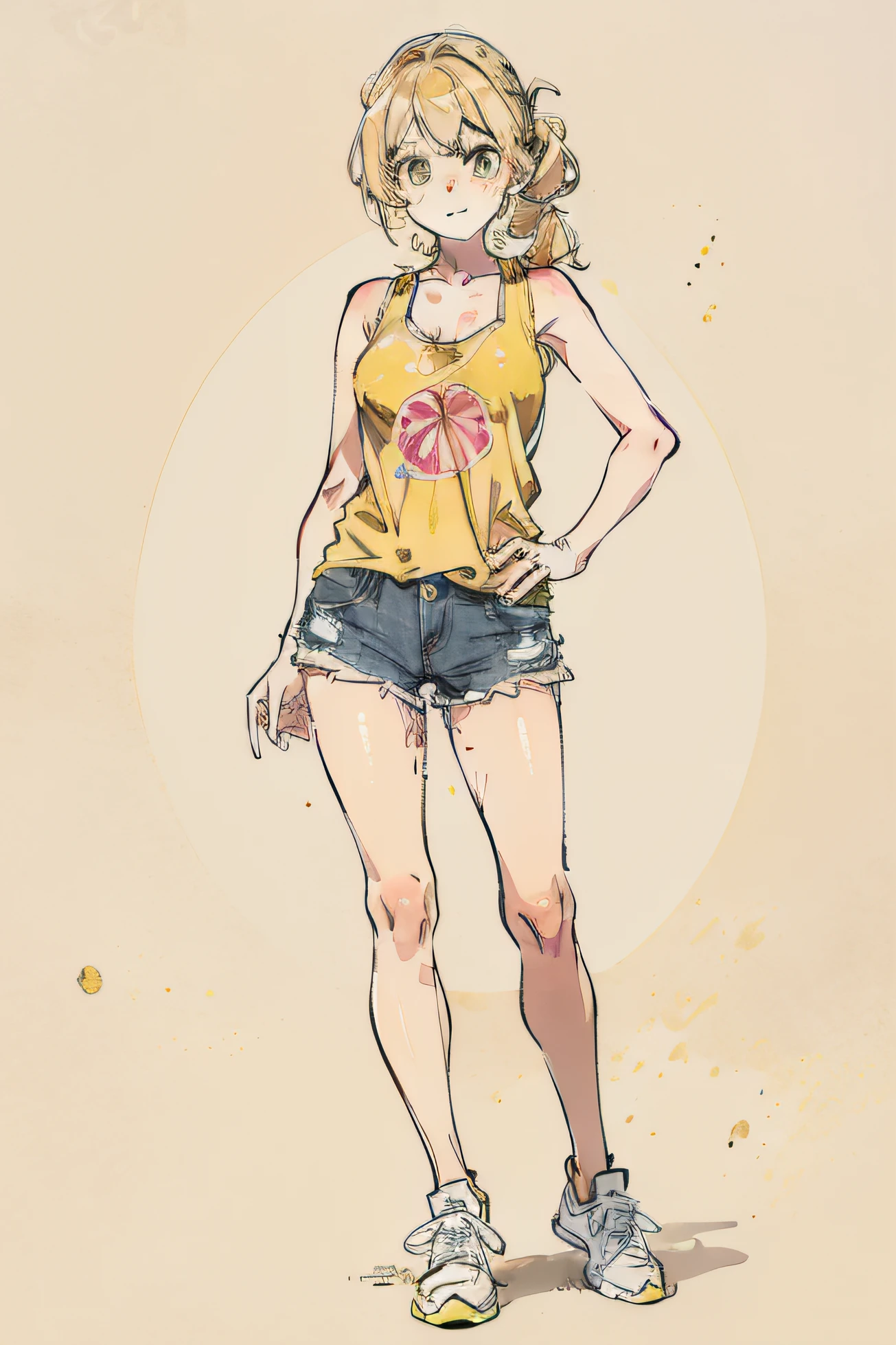 An extremely beautiful girl, slightly tanned skin tone, rave hairstyle, dirty blonde hair color, hazel eyes, freckles, wearing a yellow and white colored tank top, and denim shorts with lemons on them, and white sneakers, aesthetic background, high quality, 8k, hd