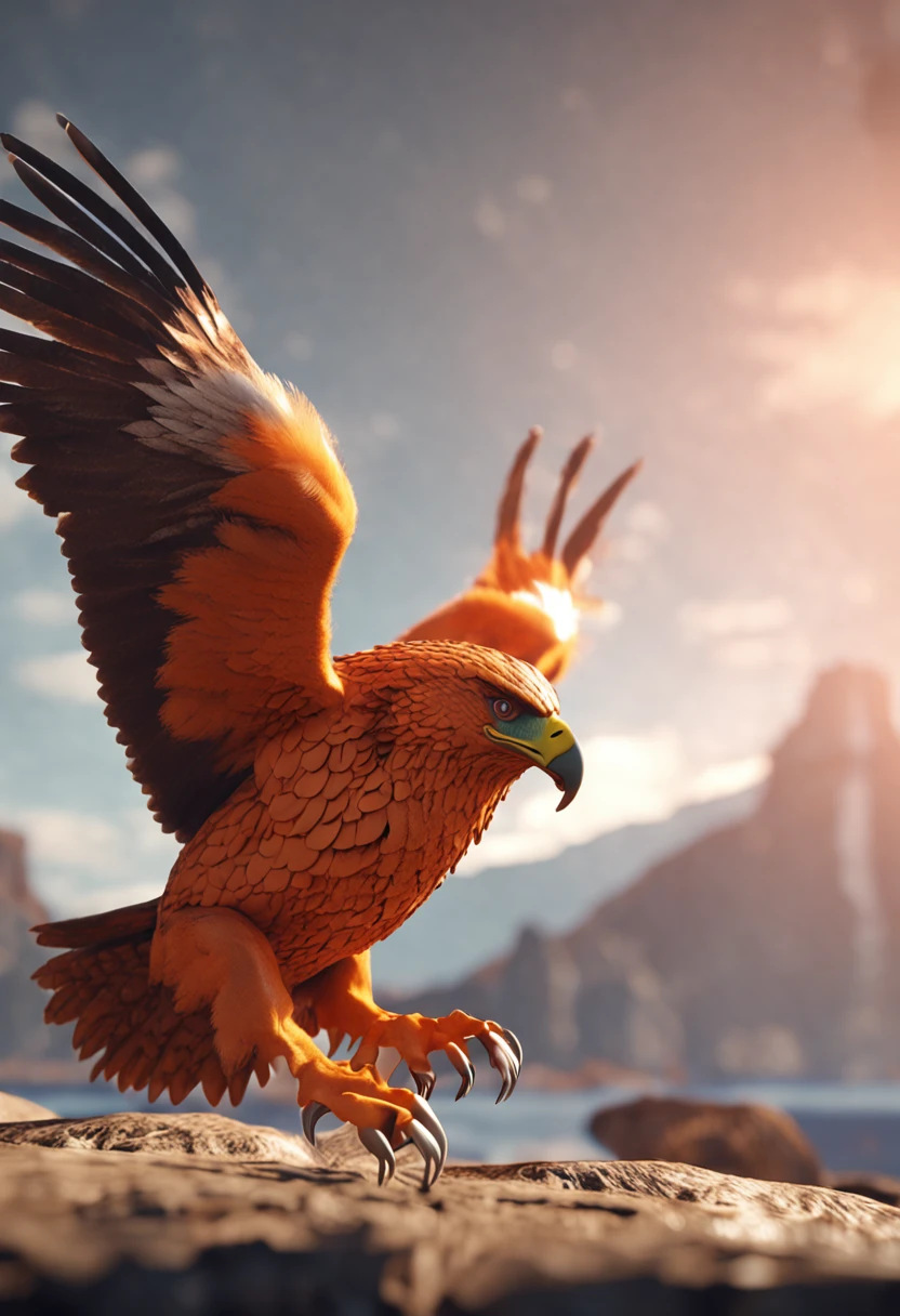 Small orange eagle, vray render, Kawai, sorrir, oculos futurista