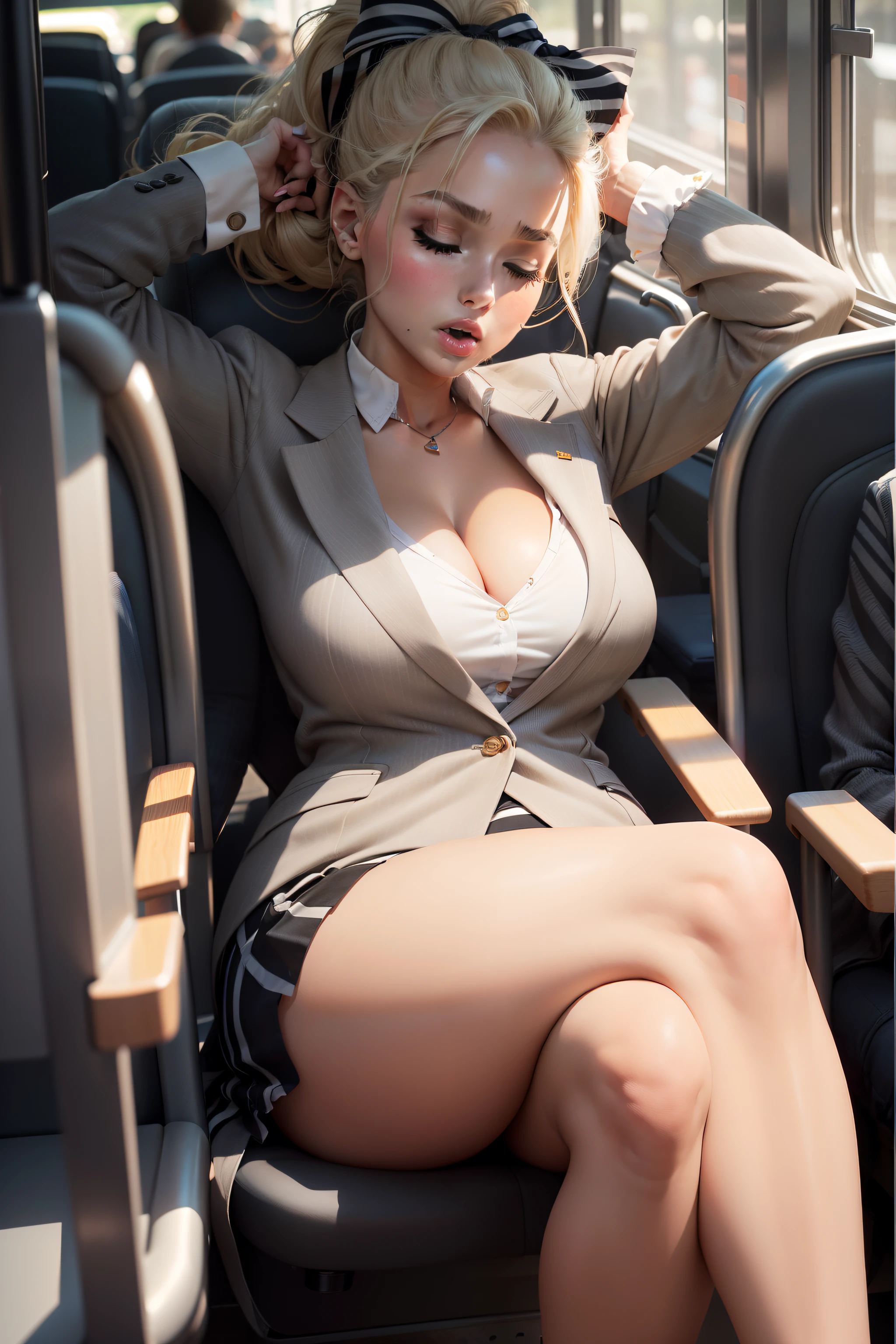 1 beautiful woman, large body, blonde, small hair, hair tied up in a bow, eyelid makeup, gray striped blazer, gray striped skirt, cleavage, black pantyhose, heeled shoes, gray shoes, sleeping sitting on the bus, mouth open, eyes closed.