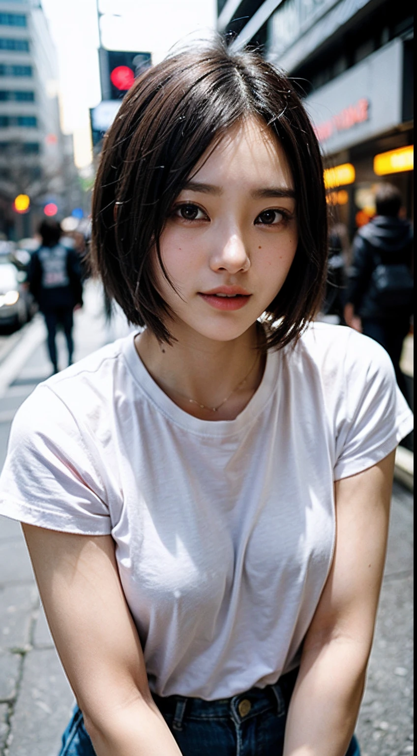 masterpiece、one beautiful women、A detailed face、A detailed eye、Detailed skin、top-quality、japanes、Illuminated from the front with bright lighting、profetional lighting、Always face straight ahead、The background is a little blurry、24 year old、In the background, there are many PC monitors lined up and the wiring is bare.、Streets lined with cyberpunk buildings、Wearing a rock and punk t-shirt、a smile、short-cut、Band Girl、