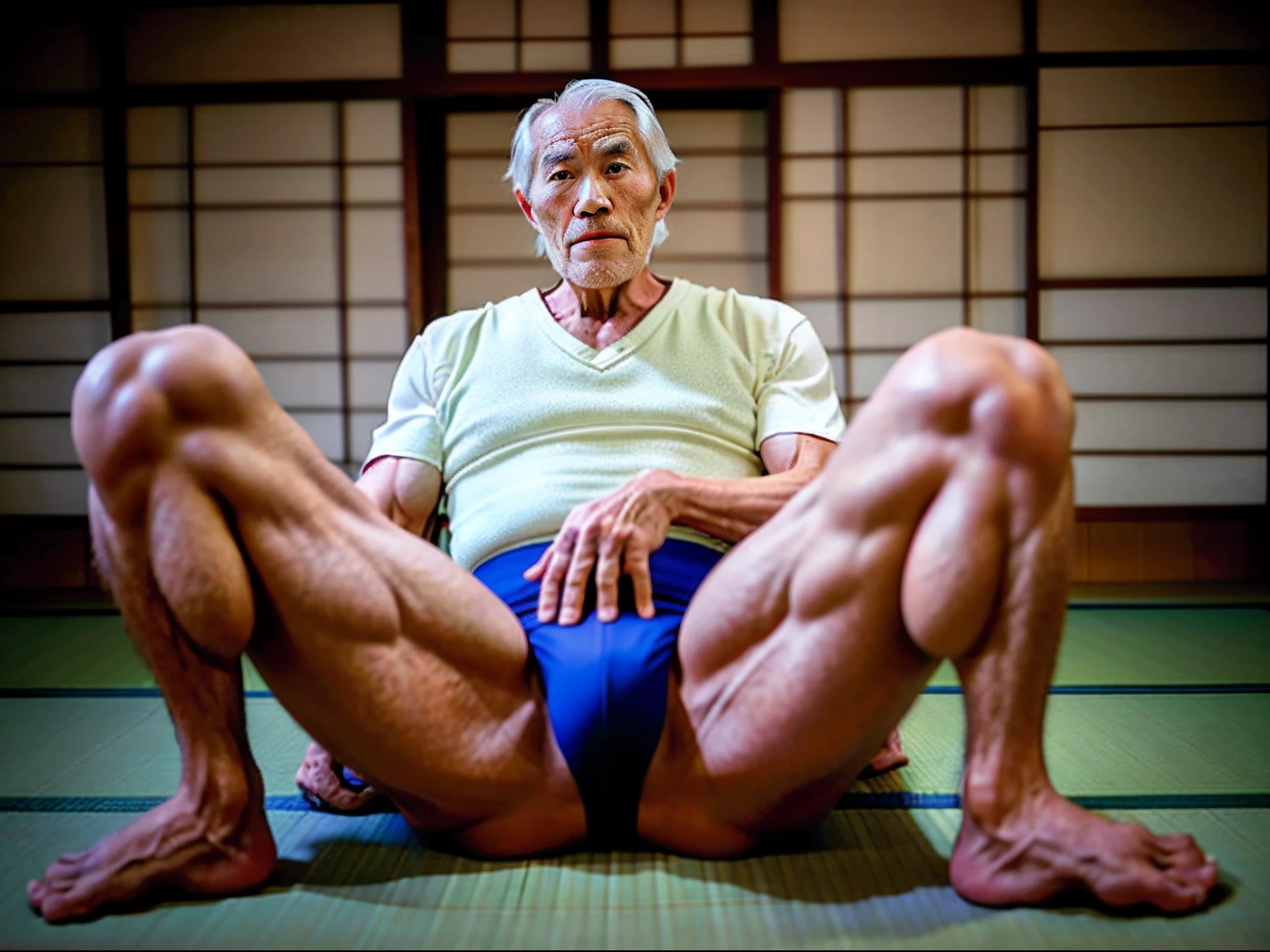 （male people），seventy years old，Strong build，（spread their legs），No clothing，（sexy panty），In old Japanese houses，On tatami，large bulge，The crotch faces the camera，The camera is focused on the crotch，High fidelity，Sexy action，Hands touching the crotch，Sexy action