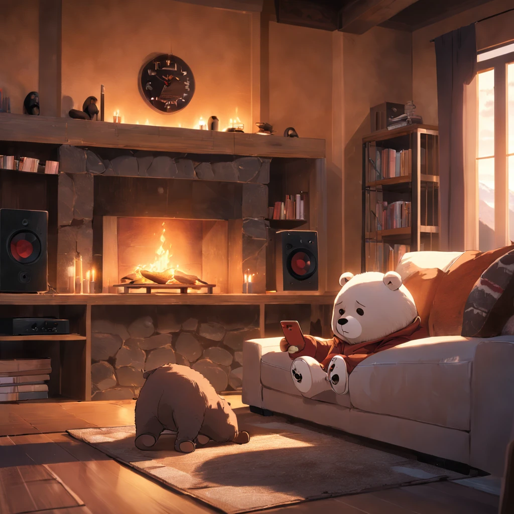 a close up of a living room with a teddy bear listening to headphones,modern rustic, warm living room, integrated in the mountains, cozy living room, cozy living room interior, cozy contemporary living room, sitting in rural living room, warm interiors, warm interior, cozy living room background, soothing and cozy landscape, fire place roaring, fireplace, warm fireplace,