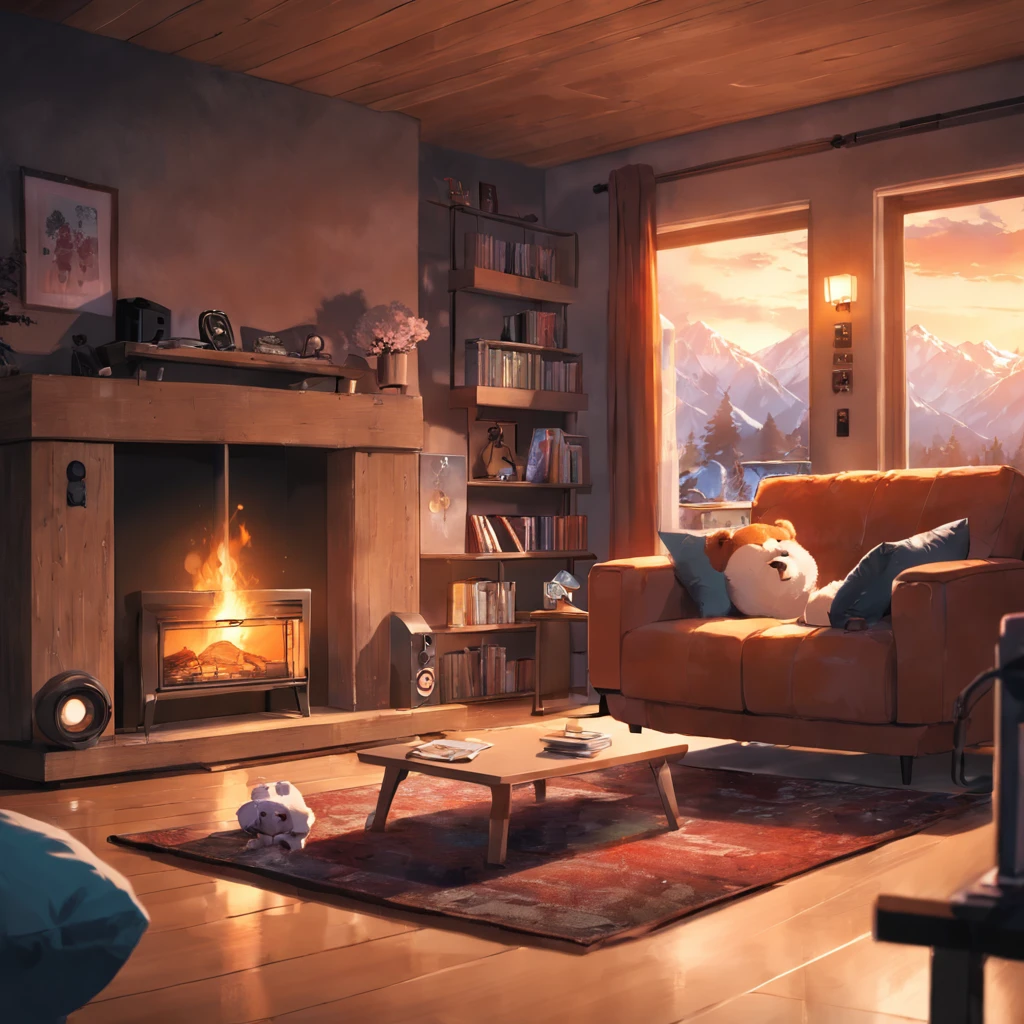 a close up of a living room with a teddy bear listening to headphones,modern rustic, warm living room, integrated in the mountains, cozy living room, cozy living room interior, cozy contemporary living room, sitting in rural living room, warm interiors, warm interior, cozy living room background, soothing and cozy landscape, fire place roaring, fireplace, warm fireplace,