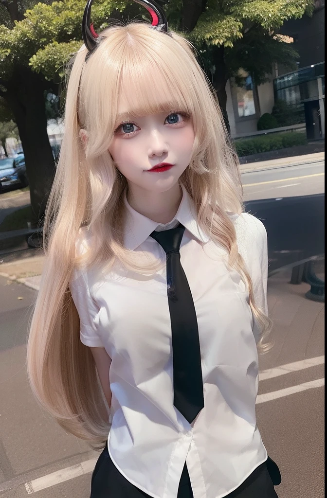 masterpiece, best quality, 1girl, power_csm, blonde hair, long hair, yellow eyes, cross-shaped pupils, red horns, hands behind back, (white buttoned shirt), black necktie, black pants, sharp teeth, grin, solo, outdoors, park background
