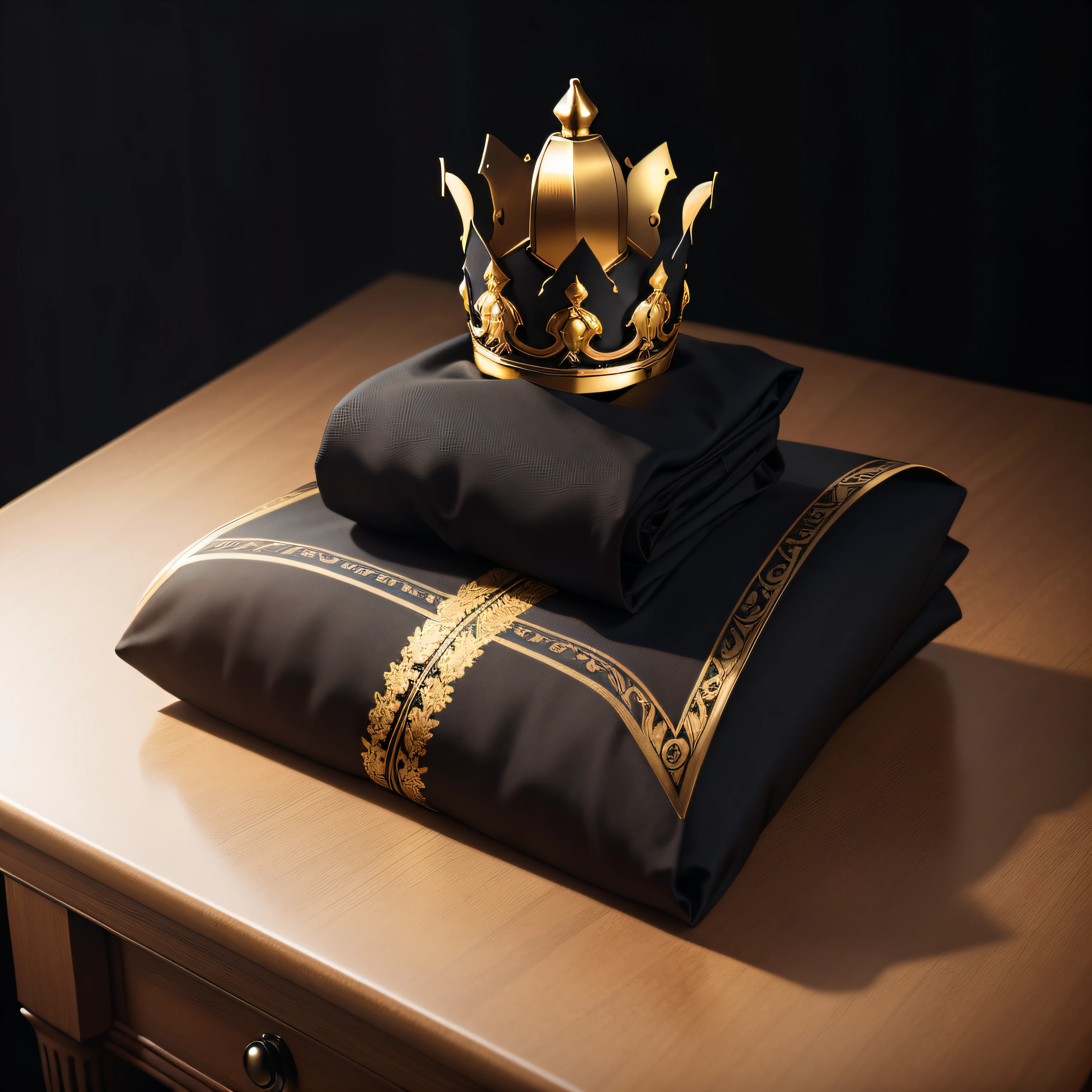 picture elegant men's black shirt, folded on top of a table, with royal gold crown on top, with black background