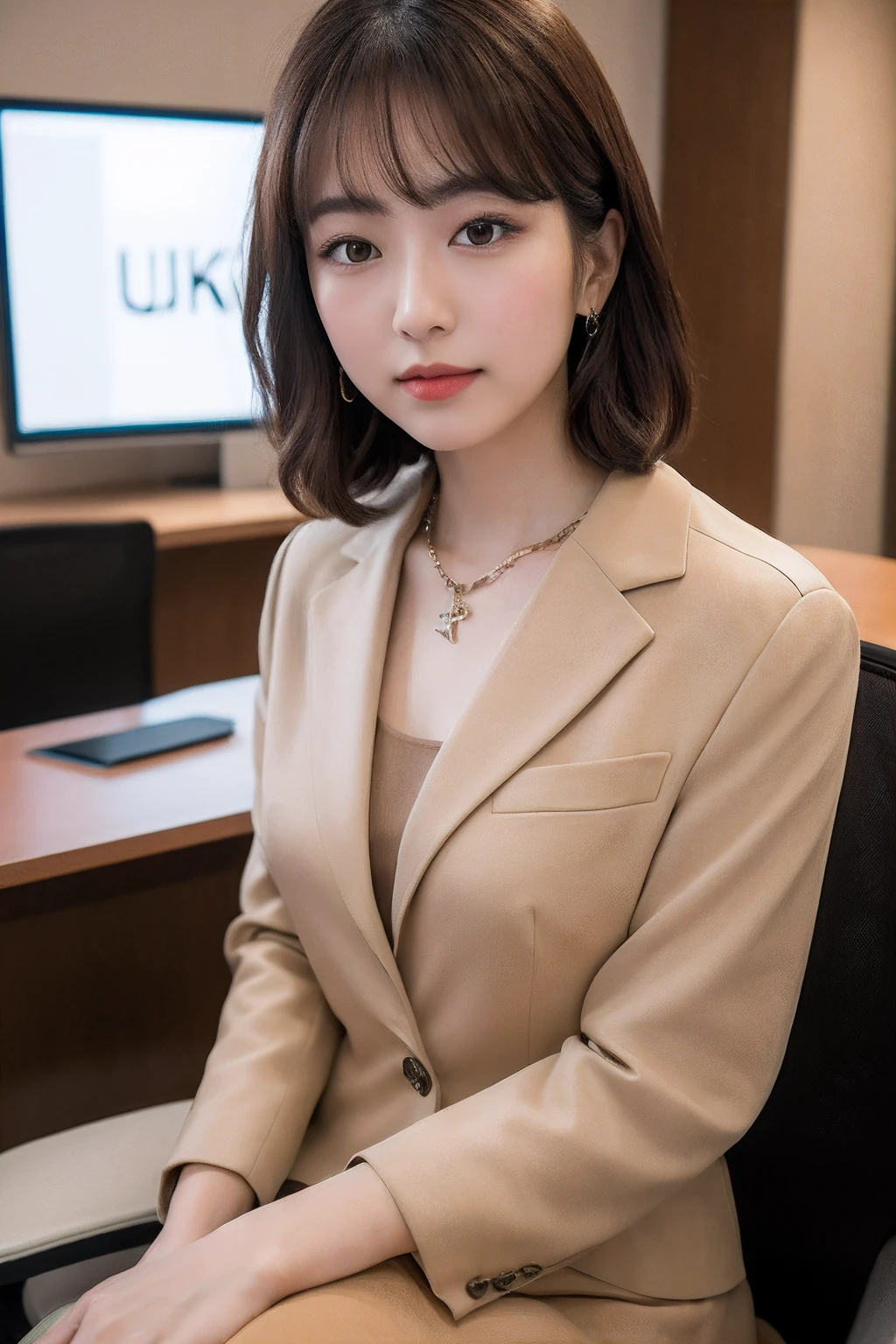 (Best quality, 8k, 32k, Masterpiece, UHD:1.2),Photo of Pretty japanese woman, 1girl, (medium-short dark brown hair), double eyelid, thin beige suit jacket, white tank top, brown skirt, necklace with small charm, sitting on office chair aiuehara