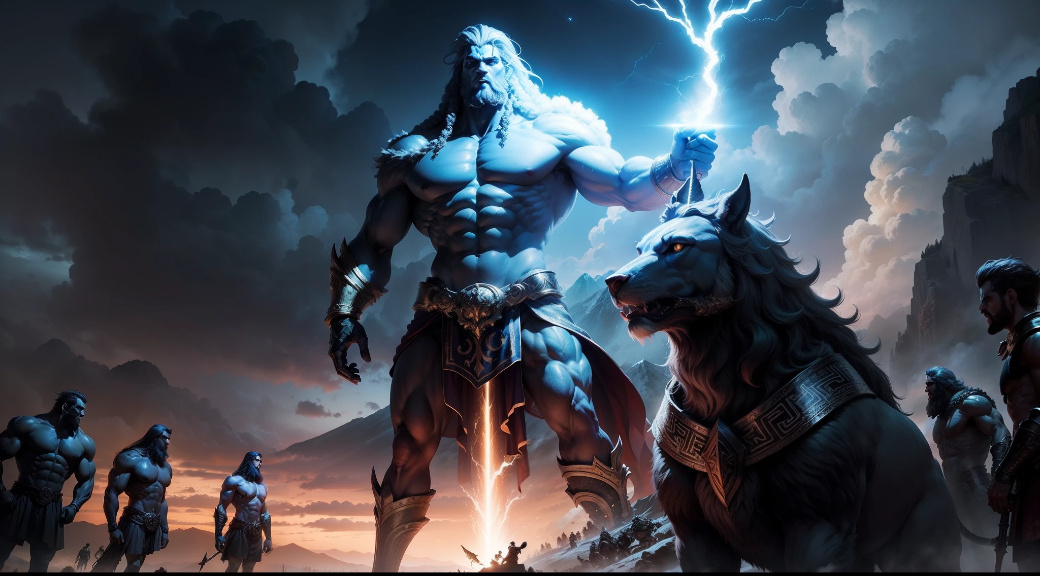 A majestic Zeus stands atop a mountain, his thunderbolt held aloft as the Cyclopes and Hundred-Armed Giants look on in awe.