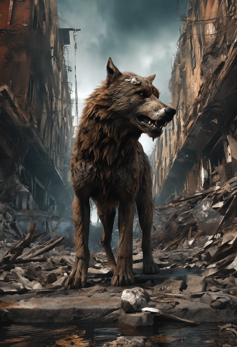 extreme detail, 8k, ultra quality, masterpiece, illustration, photorealistic, hyper realistic, intricate sharp details, dramatic lighting, oil painting, detailed eyes, detailed face, the world is bleak and desolate as a wolf stares off into the ruins of an apocalyptic city that remained undisturbed for centuries, overgrown and crumbling, three fingers, steel and rusted structures