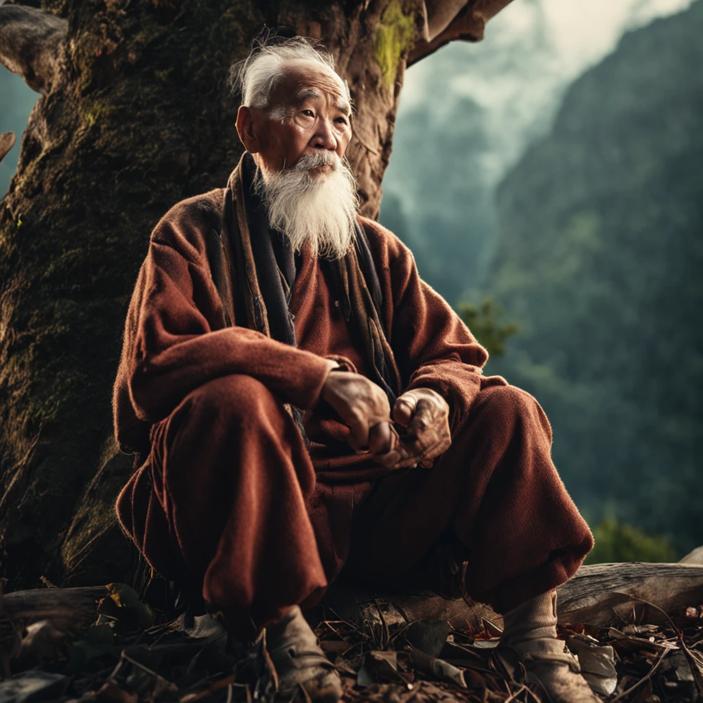 Old man, big white beard, sitting on tree stump, thoughtful and lost look, wise old Chinese.