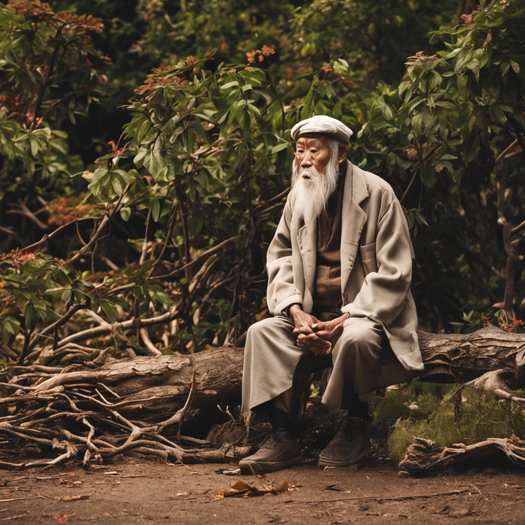 Old man, big white beard, sitting on tree stump, thoughtful and lost look, wise old Chinese.