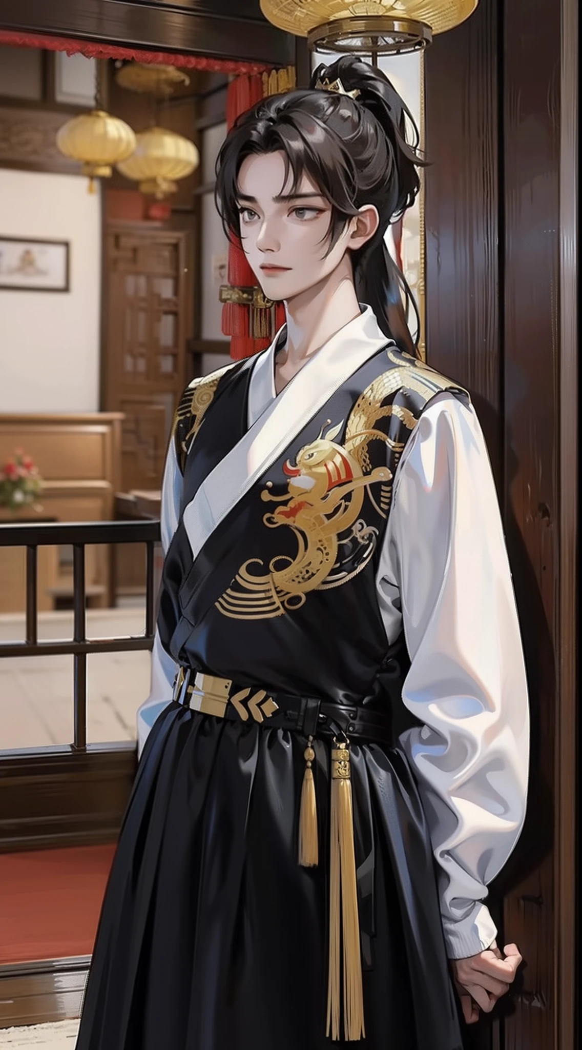 tmasterpiece，hyper HD，acurate，Need，The is very detailed，A man，China-style，Chinese Ancient Times，brunette color hair，black color hair，Black eyes，long whitr hair，with long bangs，High ponytail，Hair crown，Handsome，virile，gentleness，large tall，A tranquil，long white robe，exteriors，bamboo forrest，tree branch，Wind Comfort， Young men，The expression is steady，