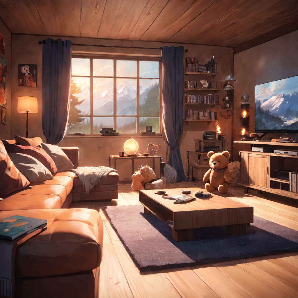 a close up of a living room with a teddy bear listening to headphones,modern rustic, warm living room, integrated in the mountains, cozy living room, cozy living room interior, cozy contemporary living room, sitting in rural living room, warm interiors, warm interior, cozy living room background, soothing and cozy landscape, fire place roaring, fireplace, warm fireplace,