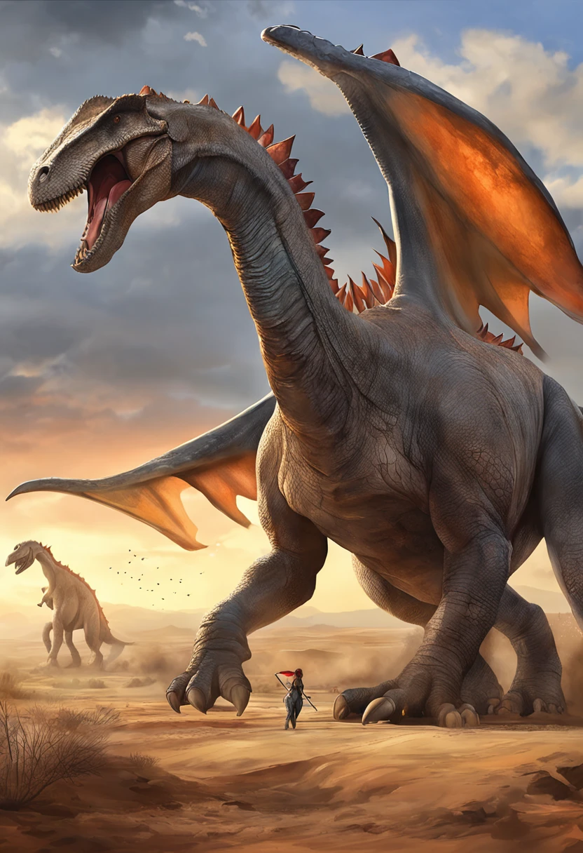 Extremamente detalhados, obra-prima, great quality, imagem em CG ultra detalhada, perfect lighting, Sombras realistas, epic scene, dinossauros diversos, dramatic sky, cores vibrantes.