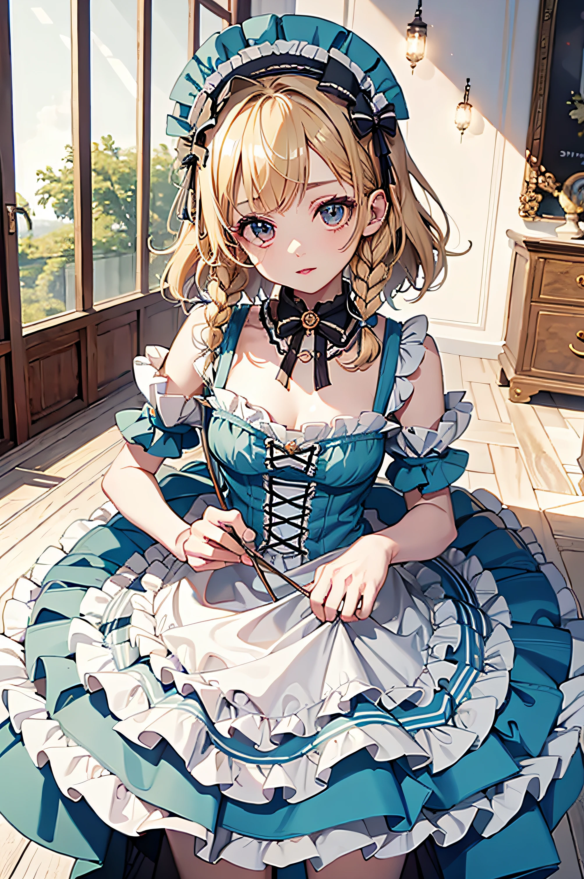 HDR,UHD,8k, best quality, master part, altamente detalhado, studio lighting, Physically-based rendering, 1girl, sozinho,
 Boneca de BJD, corar, Alice in Wonderland, Bere tem, vestido vermelho, Meias altas verdes, flores brancas, ((Cor vermelha)), blonde hair, short hair, twin braids,