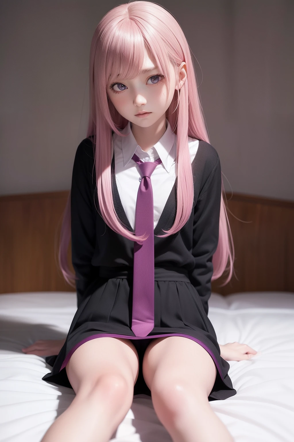 Bind anime girls,Ideo,Pink Long Hair,Purple eyes,Captured,Tighten with a string,Tie your hands behind your back,Sitting on the bed,Leg height, Detailed