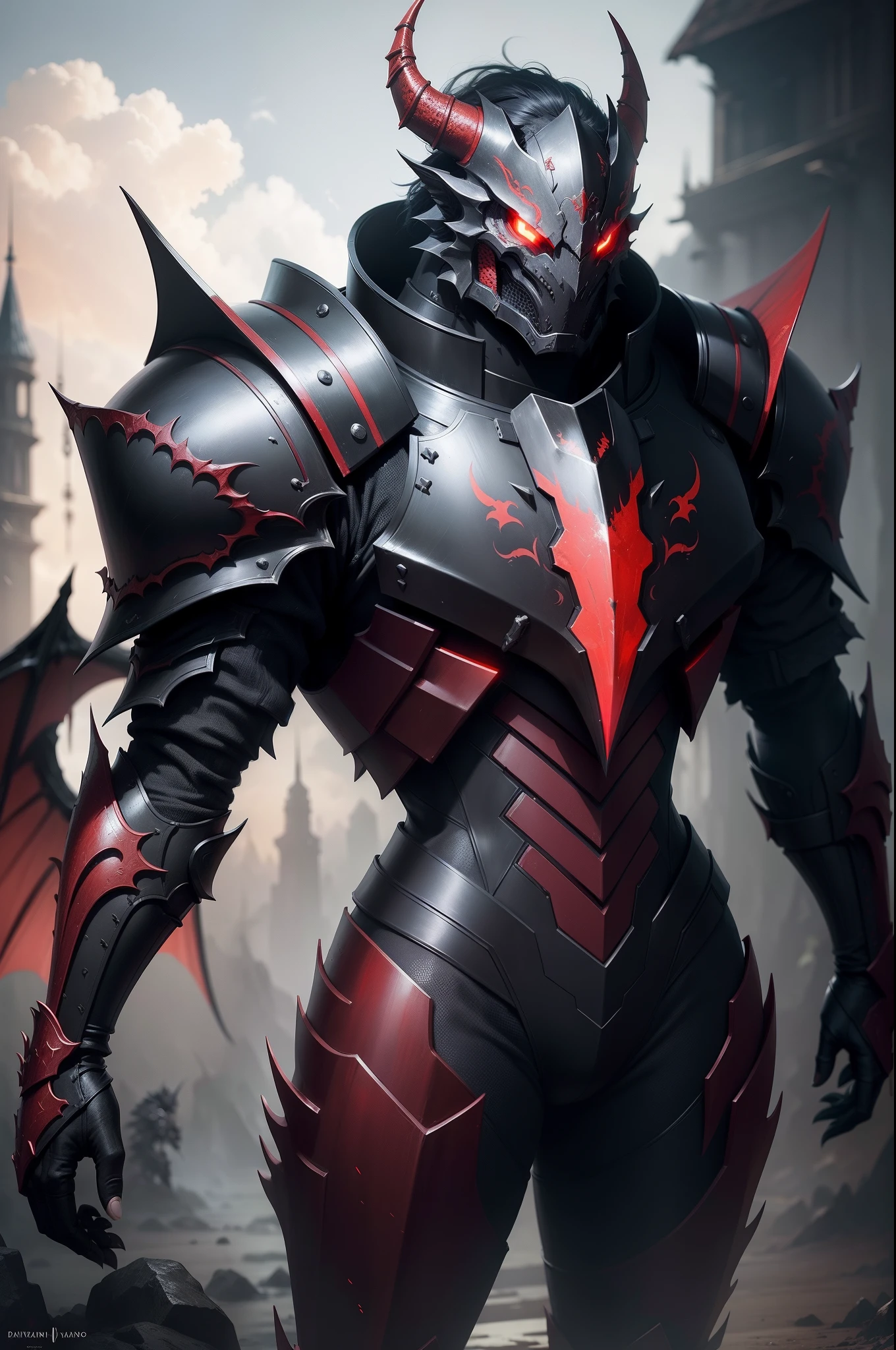 darker scene, man, face, black armor, mask, red eyes, high quality, super detailed, super dark armor, front face, darker image, front face, 4 metal wings, closer, more front, black armor, closest image of the character, darkest image and background, front