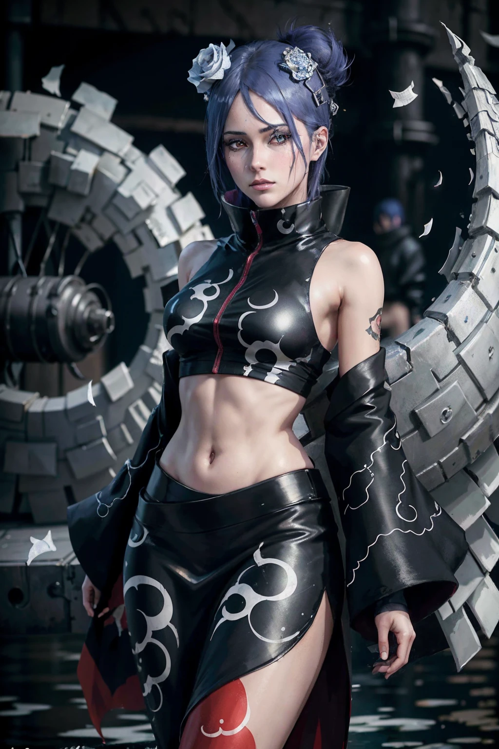 absurdres, (best quality), (masterpiece),(ultra-detailed:1.2),(photorealistic:1.1),(highres),
1girl,
konan \(naruto\), (akatsuki outfit:1.1), labret piercing, (paper:1.2),
ripples,swirling ,
