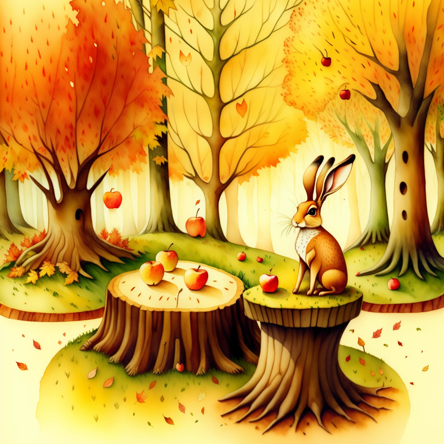 ((In the foreground is a stump and one hare, holds one apple in its paw)), Very kind and dreamy, Ao fundo ((Autumn forest and oak)), watercolor illustration, Tadeusz Brzozowski, whimsical art, Funny works of art