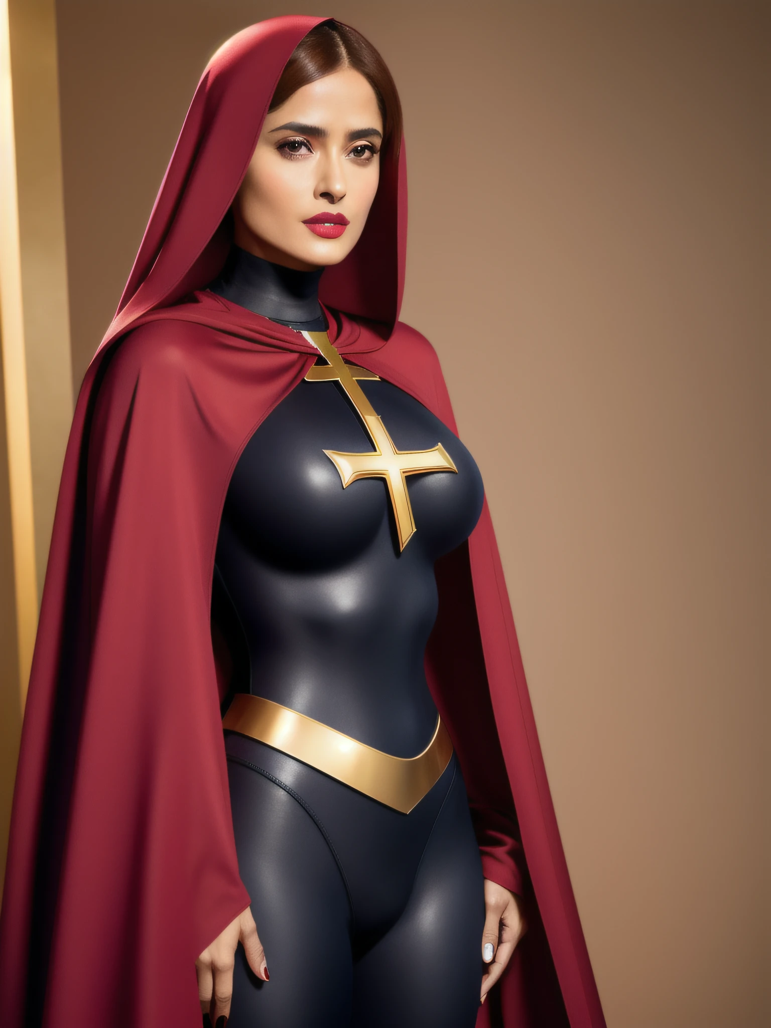 Salma Hayek, ginger hair,(stylish bob haircut), (natural big breasts), wearing ((warrior nun), superhero tight suit)1.2, (cleavage with gold cross between natural boobs)1.4, (red lips lipstick), Realistic, perfect lighting, hyper realistic