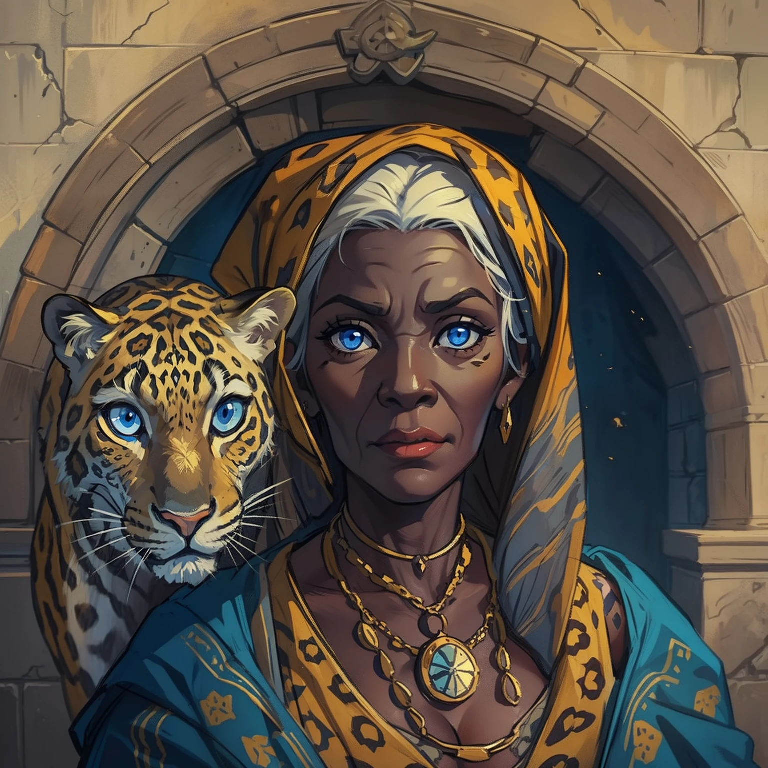 Bad Elderly Dark Skin Woman. Blue Eyes. Leopard Eara. Medieval art. Elderly Woman