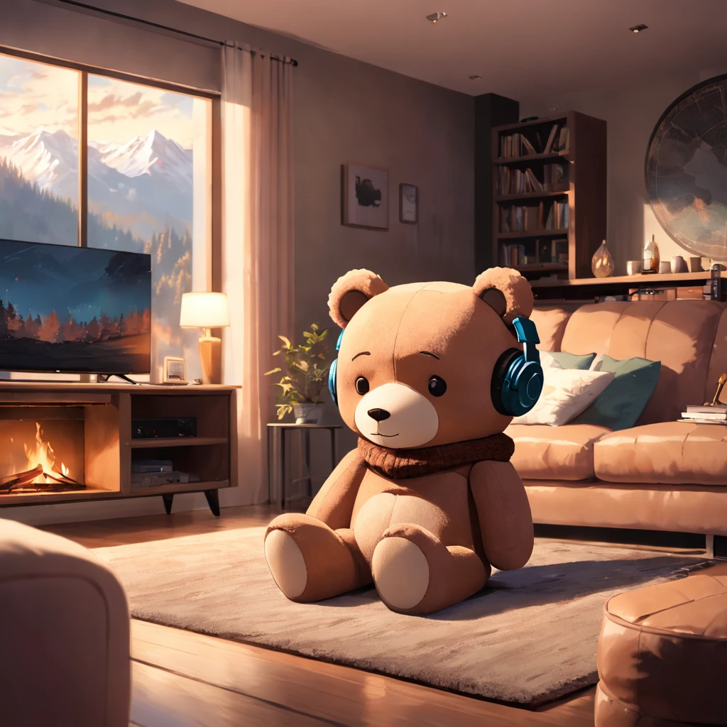 a close up of a living room with a teddy bear listening to headphones, wearing head phones, modern rustic, warm living room, integrated in the mountains, cozy living room, cozy living room interior, cozy contemporary living room, sitting in rural living room, warm interiors, warm interior, cozy living room background, soothing and cozy landscape, fire place roaring, fireplace, warm fireplace,