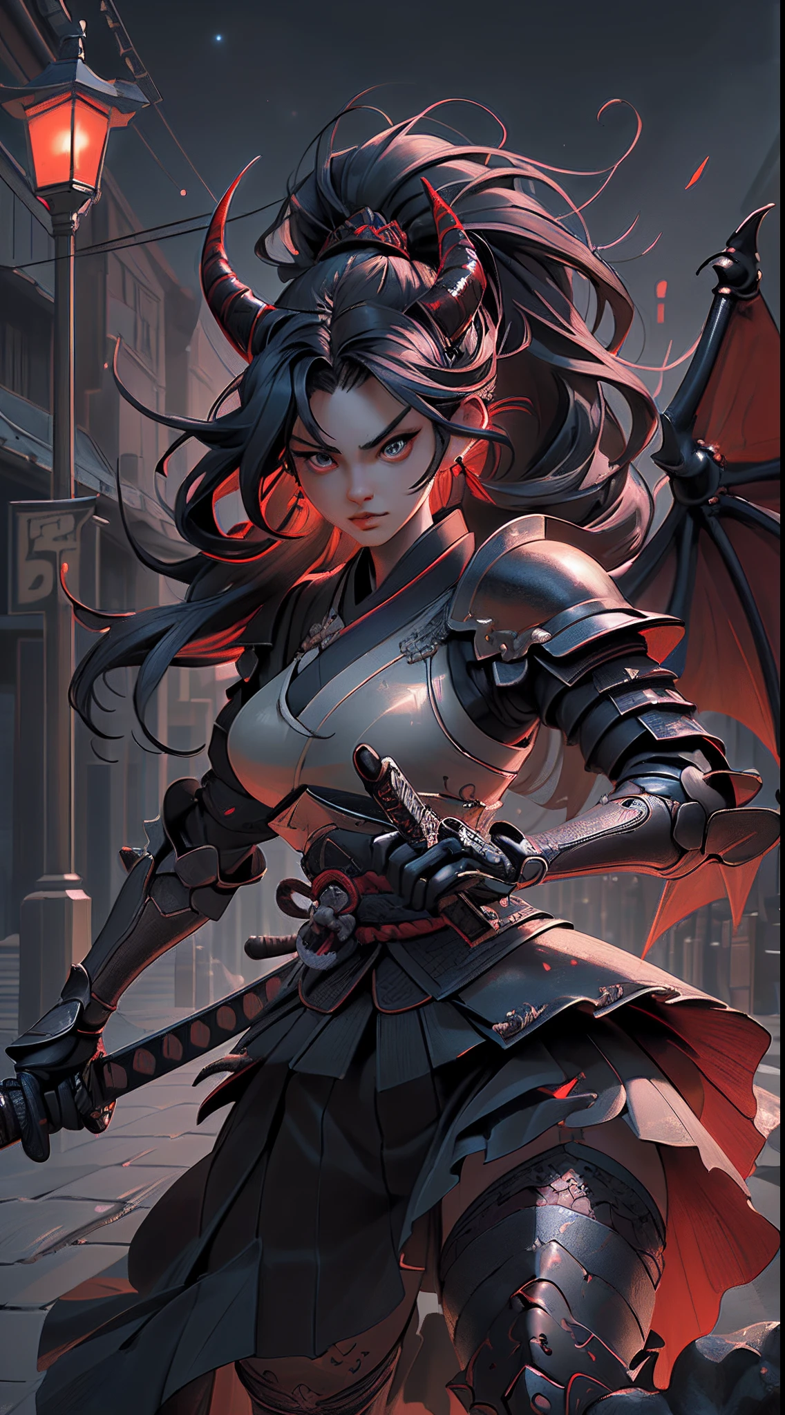 there is an illustration of  a woman samurai fighting a red skinned demon in the streets at night. A Japanese woman samurai, a female warrior, ultra detailed face (best details, Masterpiece, best quality: 1.5), ultra feminine, exquisitely beautiful pale skin, long hair, black hair, dynamic eyes color, armed with a katana (best details, Masterpiece, best quality: 1.5), shinning sword (best details, Masterpiece, best quality: 1.3) wearing armor. BREAK [and] a [demon] (best details, Masterpiece, best quality: 1.4), red skinned, black eyes, black mane, bat wings, horns, big horns, armed with a long blade covered in flames, covered in red fire. medieval Japanese street (best details, Masterpiece, best quality: 1.4) background, night time, moon light, street lamp light, Ultra-Wide Angle, high detail, award winning, best quality, HD, 16K, 3D rendering, high details, best quality, highres, ultra wide angle, 3D rendering, [[anatomically correct]]