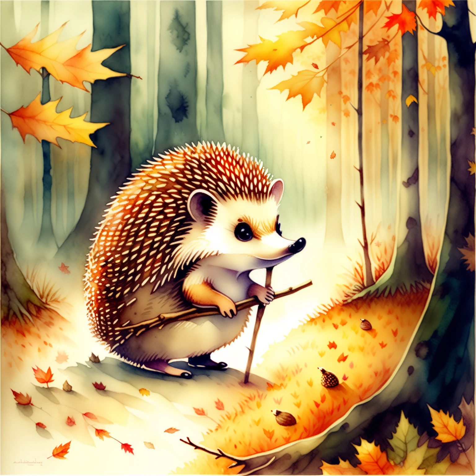 ((In the foreground is a hedgehog holding a stick in its paw)), Very kind and dreamy, Ao fundo ((Autumn forest and fog)), watercolor illustration, Tadeusz Brzozowski, whimsical art, Funny works of art