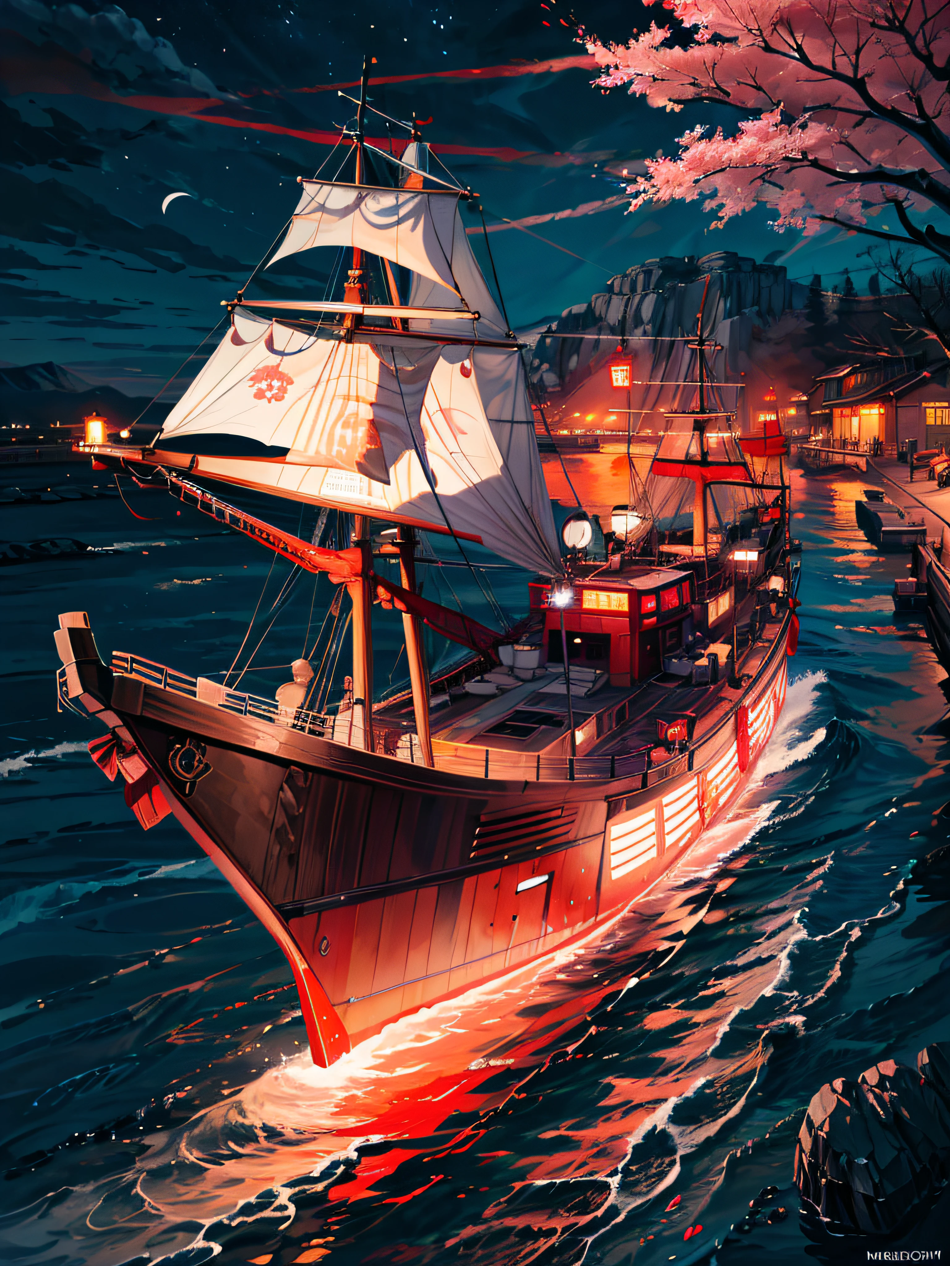 Night time, a ancient marchent ship , sailing, crimson moon ,red cherry trees, river ,high tide,rock, calm, mesmerizing view, moonlight scenary,mesmerizing view,,digital painting,wind up,concept art, illustration,((light red theme))