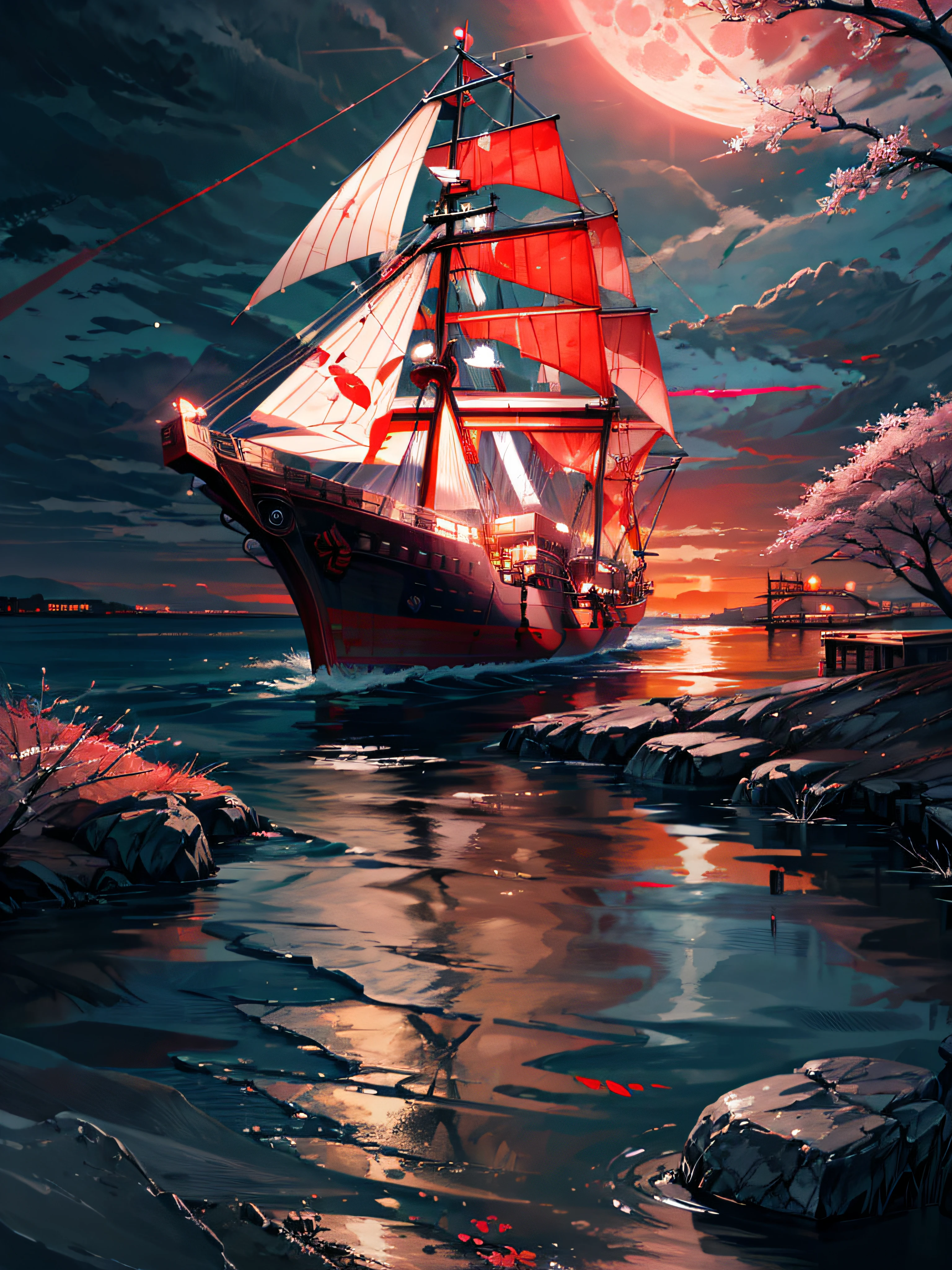 Night time, a ancient marchent ship , sailing, crimson moon ,red cherry trees, river ,high tide,rock, calm, mesmerizing view, moonlight scenary,mesmerizing view,,digital painting,wind up,concept art, illustration,((light red theme))