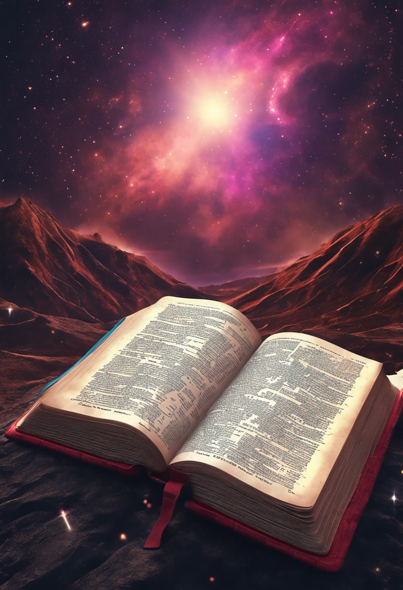 Realistic drawing Holy Bible in outer space