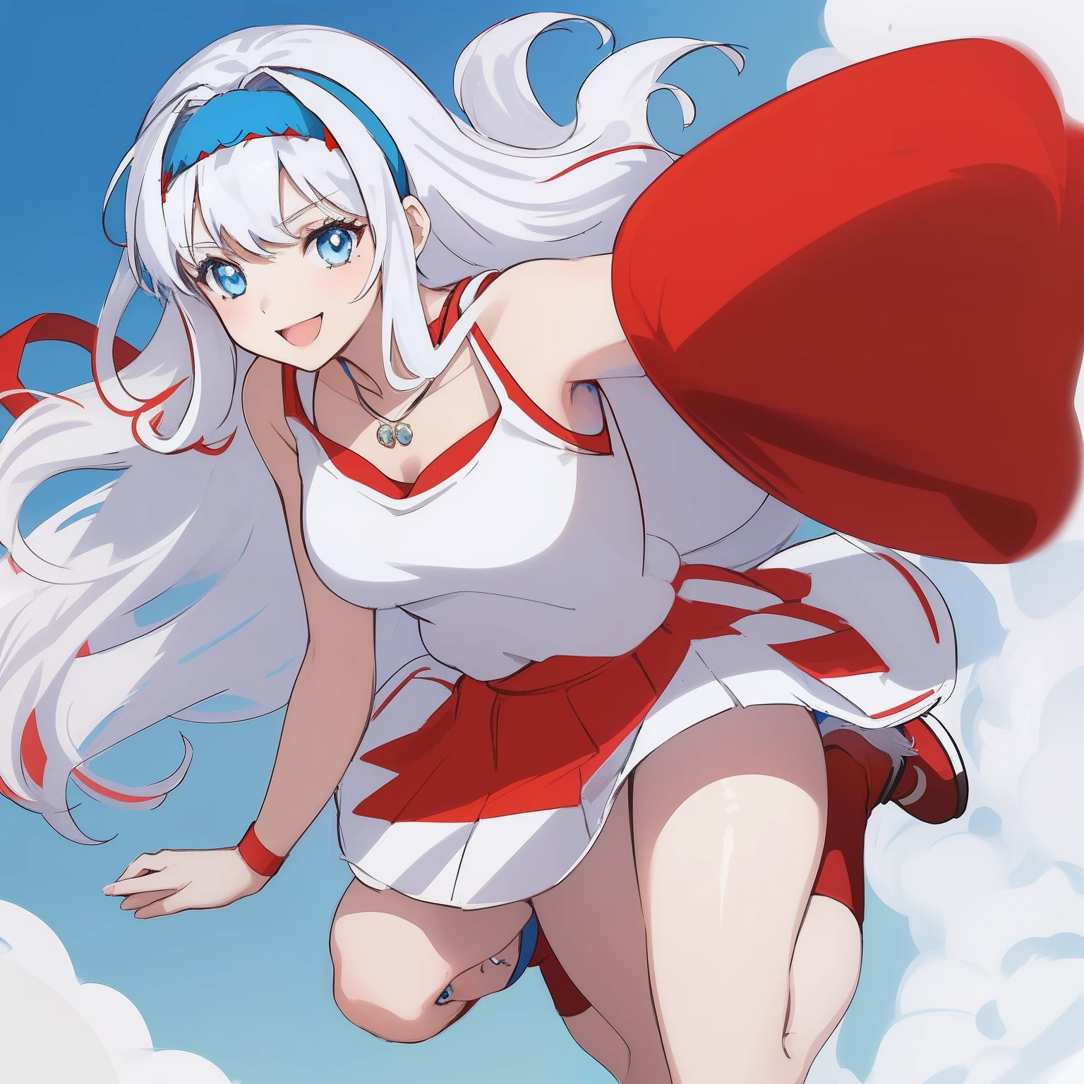 ((((1 woman)))), fullbody, cat logo tee, red tee, drop shoulder tee, red necklace, white tutu skirt, ((((white hair)))), ((((blue eyes)))), long hair, happy, smile, 18 year old, dynamic angle, ((((blue hairband)))), beautiful detailed sky