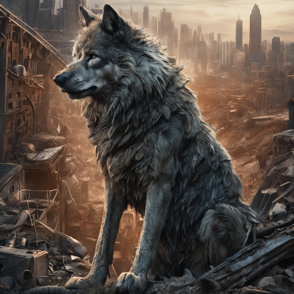 extreme detail, 8k, ultra quality, masterpiece, illustration, photorealistic, hyper realistic, intricate sharp details, dramatic lighting, oil painting, detailed eyes, detailed face, the world is bleak and desolate as a wolf stares off into the ruins of an apocalyptic city that remained undisturbed for centuries, overgrown and crumbling, three fingers, steel and rusted structures