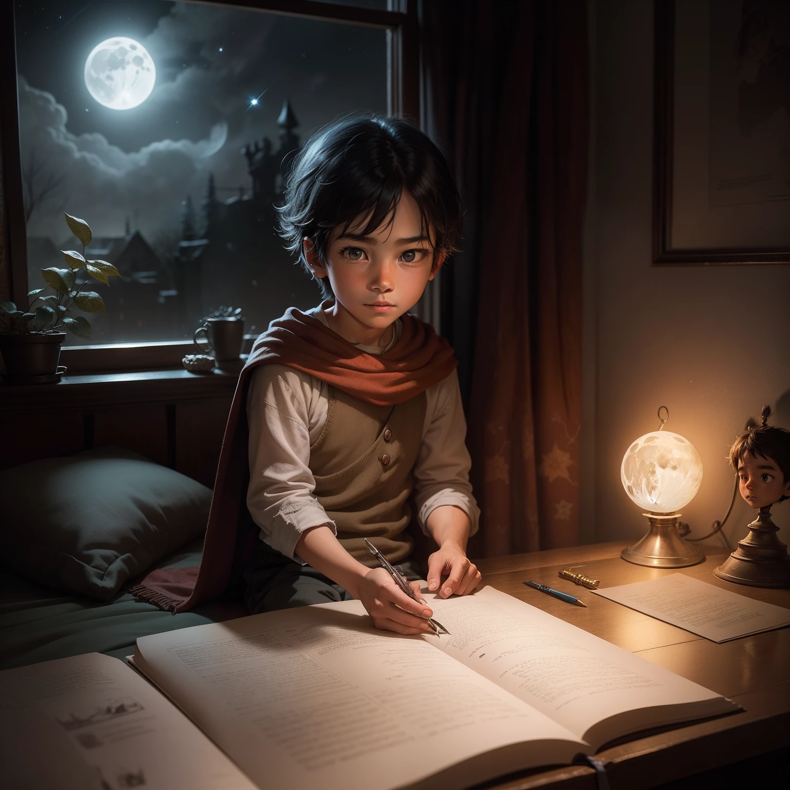 Draw up a scene in which the kid sitting by the bed in the orphanage, surrounded by adventure books, with the moon shining gently out the window. He imagines himself as one of the fearless heroes of the stories, with a subtle glimpse of his hands holding a sparkling star.
