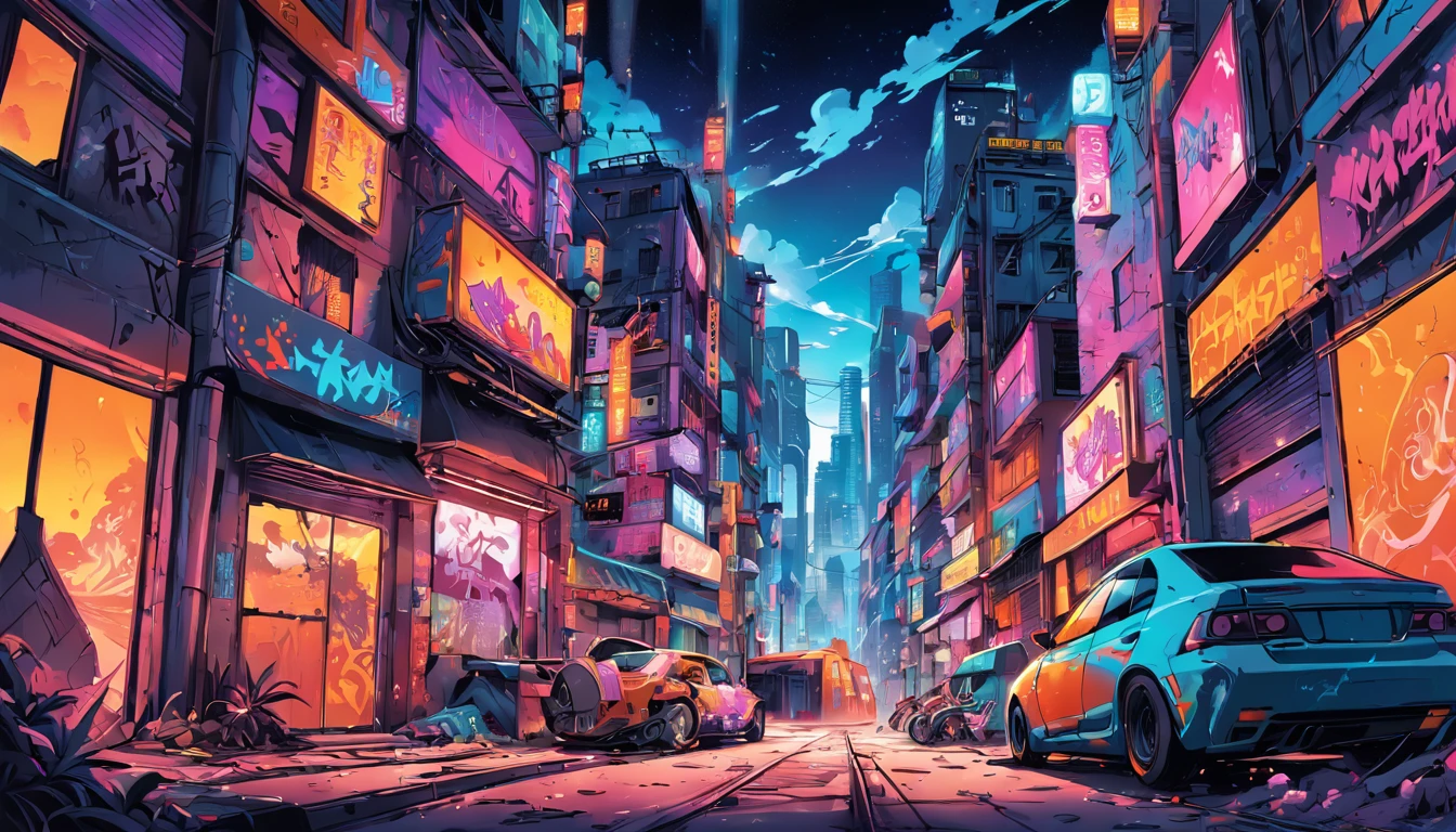 "vibrant cityscape with high detail, surrounded by vibraprint-ready vector graffiti t-shirt design."