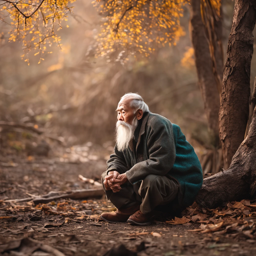 Old man, big white beard, sitting on tree stump, thoughtful and lost look, wise old Chinese.